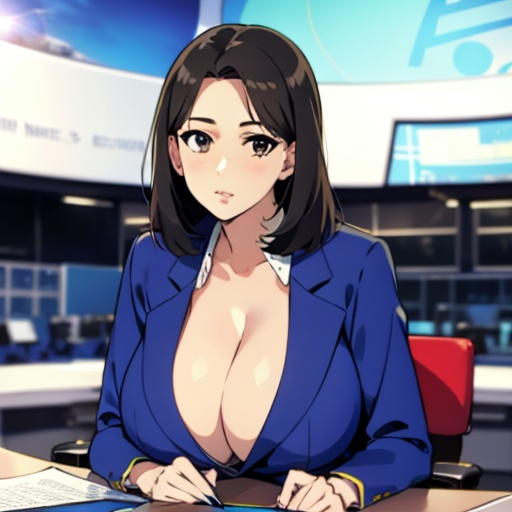 JS_News,leading news,in news studio,sits by the table,1girl,jackets,unbuttoned jacket,huge breasts,  <lora:JS_NewsV1:0.78>