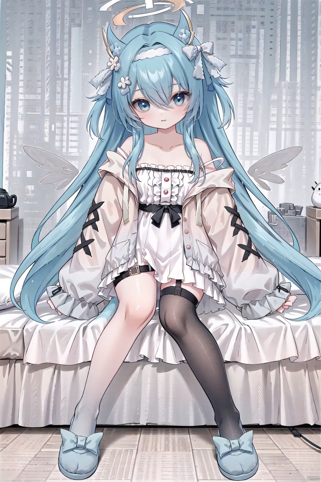  1girl, solo, long hair, blue eyes, hair ornament, thighhighs, long sleeves, dress, very long hair, blue hair, collarbone, jacket, tail, hairband, wings, horns, off shoulder, white dress, sleeves past wrists, thigh strap, halo, single thighhigh, electric plug tail, electric plug, asymmetrical legwear, blue footwear, slippers, ribbon, hair ribbon, asymmetrical socks, power symbol, wangbaobao, ((bedroom)), ((sitting on bed))