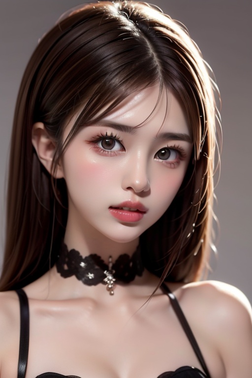 1girl solo brown hair closed mouth grey background collar lips realistic ,  beauty,  yui on Tensor.Art