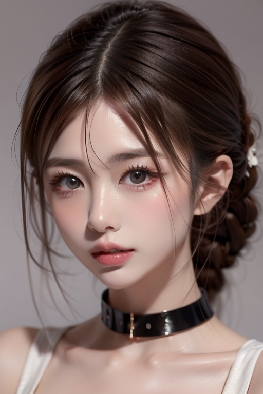 1girl solo brown hair closed mouth grey background collar lips realistic ,  beauty,  yui on Tensor.Art