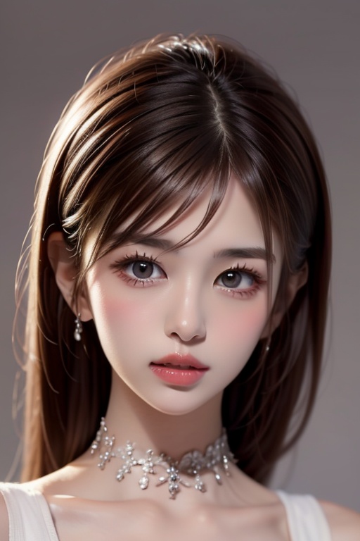 1girl solo brown hair closed mouth grey background collar lips realistic ,  beauty,  yui on Tensor.Art