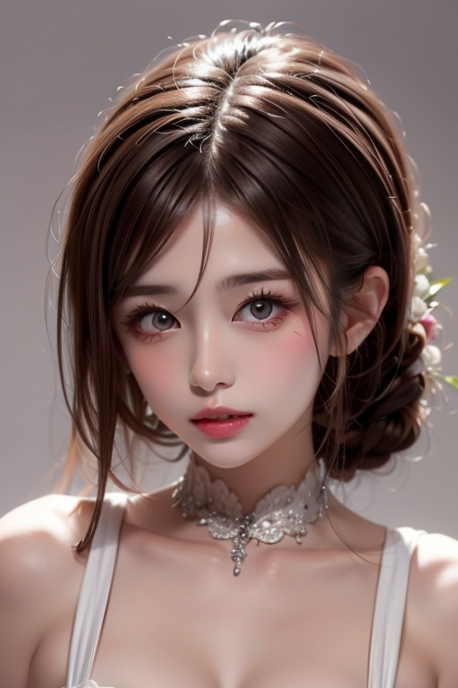 1girl solo brown hair closed mouth grey background collar lips realistic ,  beauty,  yui on Tensor.Art