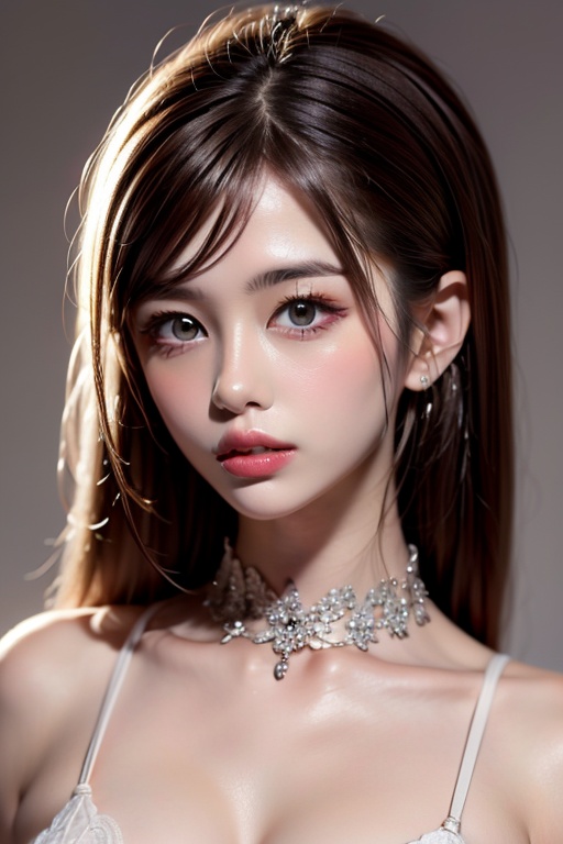 1girl solo brown hair closed mouth grey background collar lips realistic ,  beauty,  yui on Tensor.Art