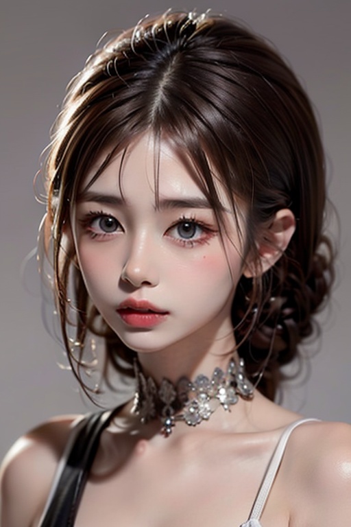 1girl solo brown hair closed mouth grey background collar lips realistic ,  beauty,  yui on Tensor.Art