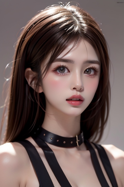 1girl solo brown hair closed mouth grey background collar lips realistic ,  beauty,  yui on Tensor.Art
