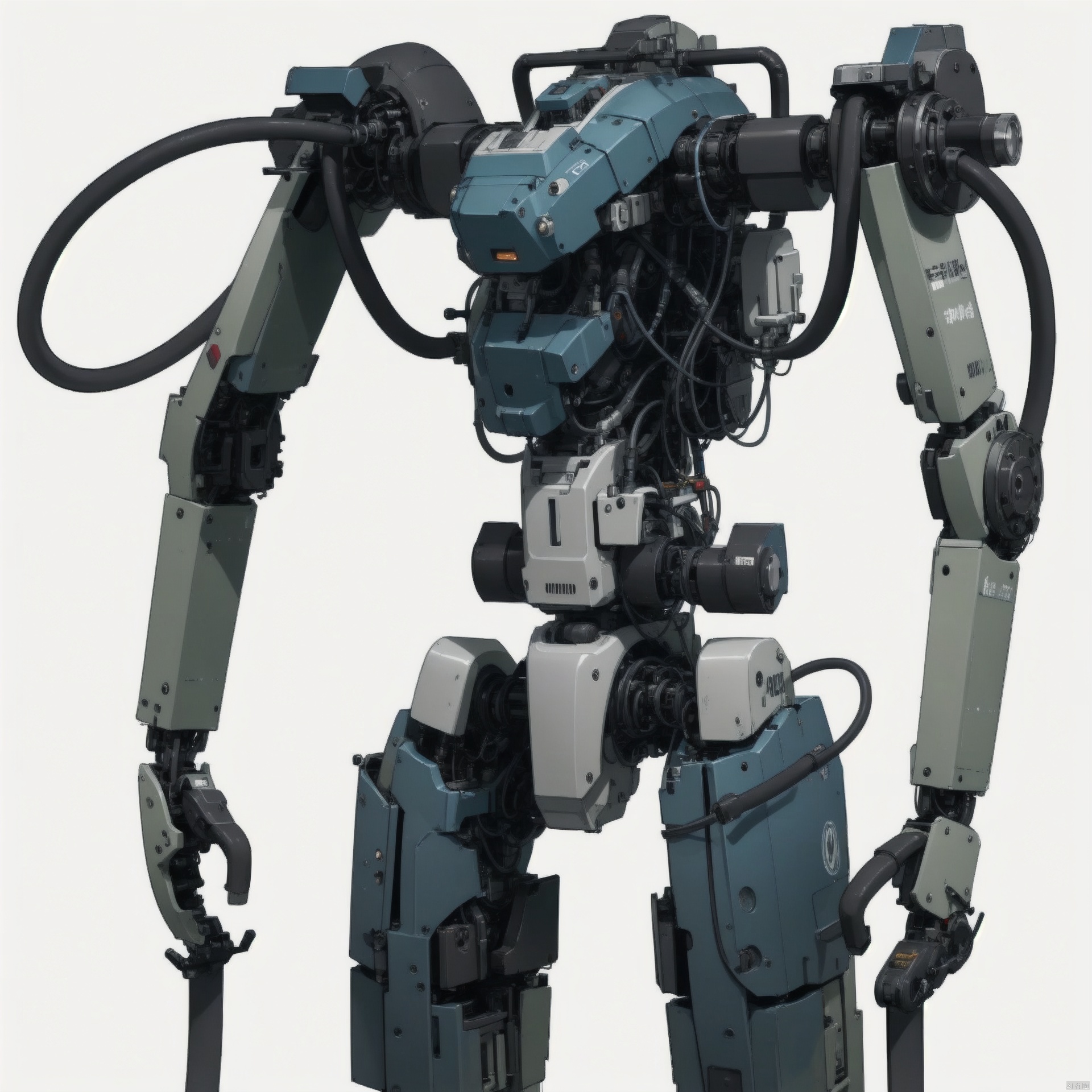  solo, simple background, white background, no humans, robot, mecha, machinery, science fiction, realistic, cable