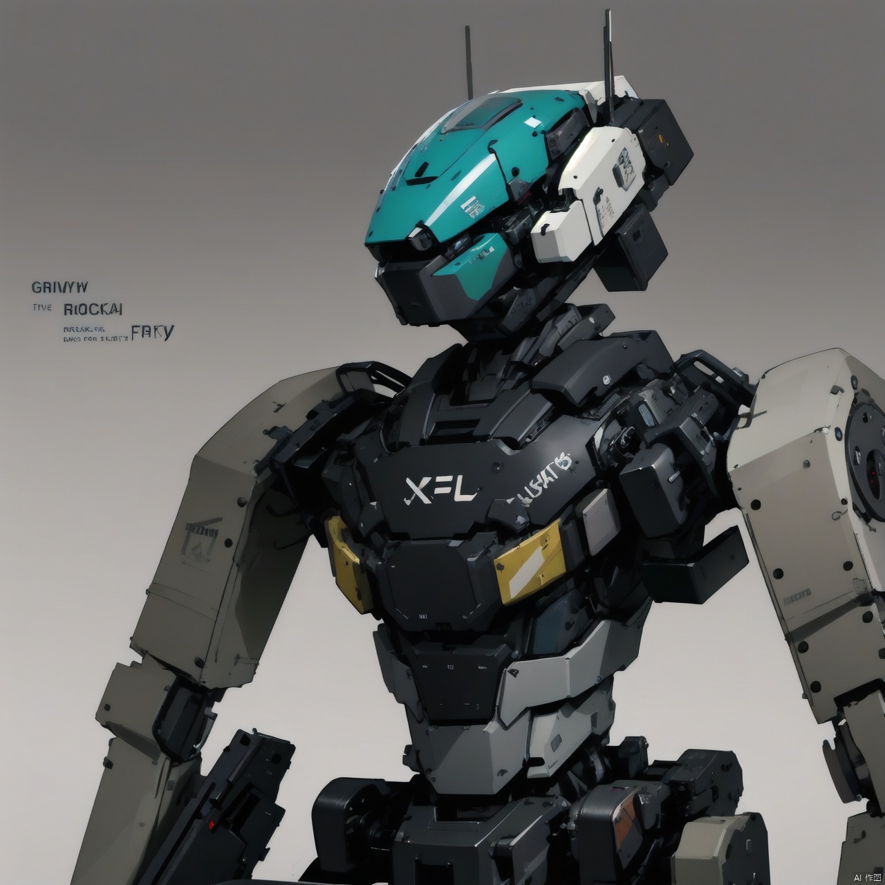  solo, upper body, weapon, grey background, english text, gradient background, no humans, robot, mecha, science fiction, realistic