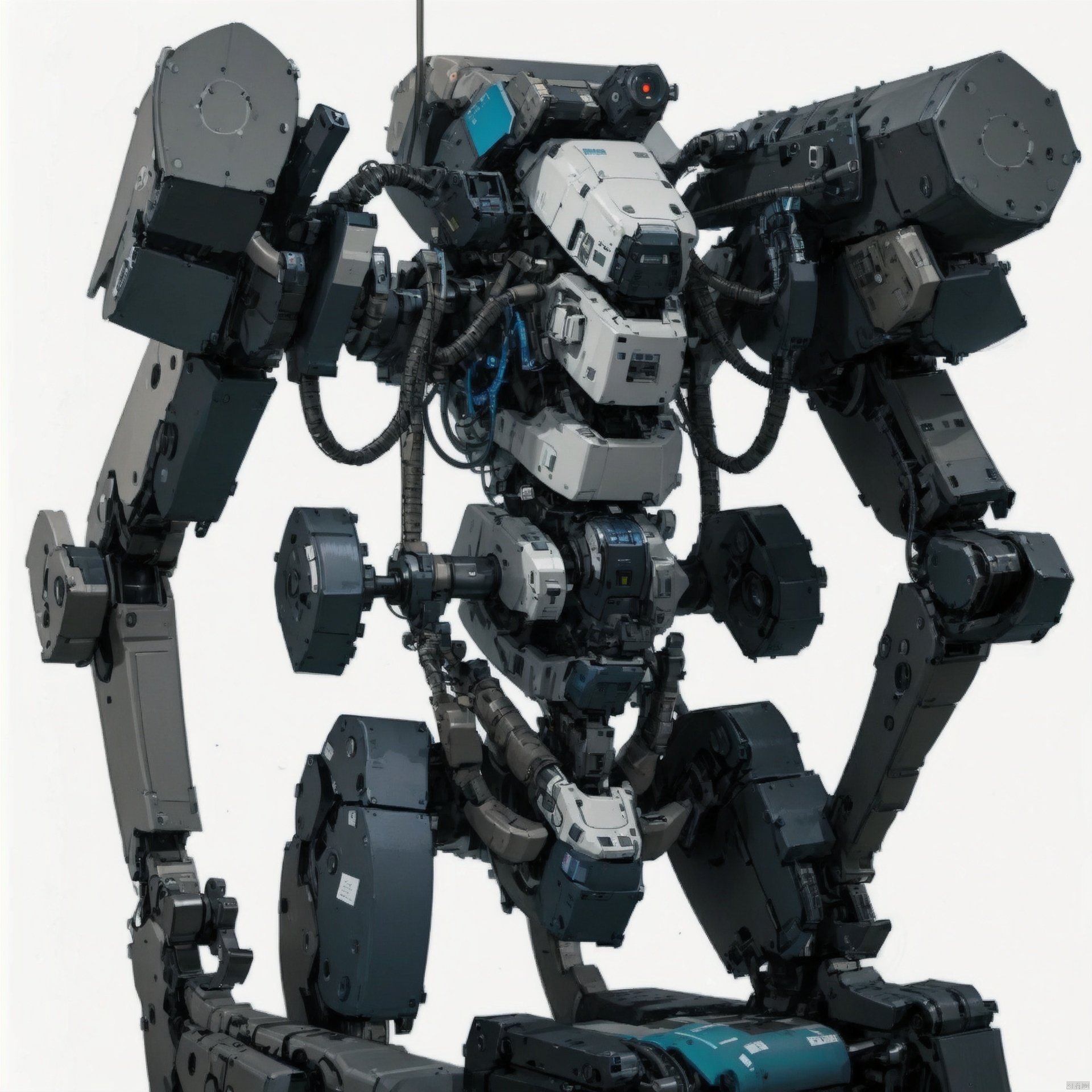  solo, simple background, white background, no humans, robot, mecha, machinery, science fiction, realistic, cable