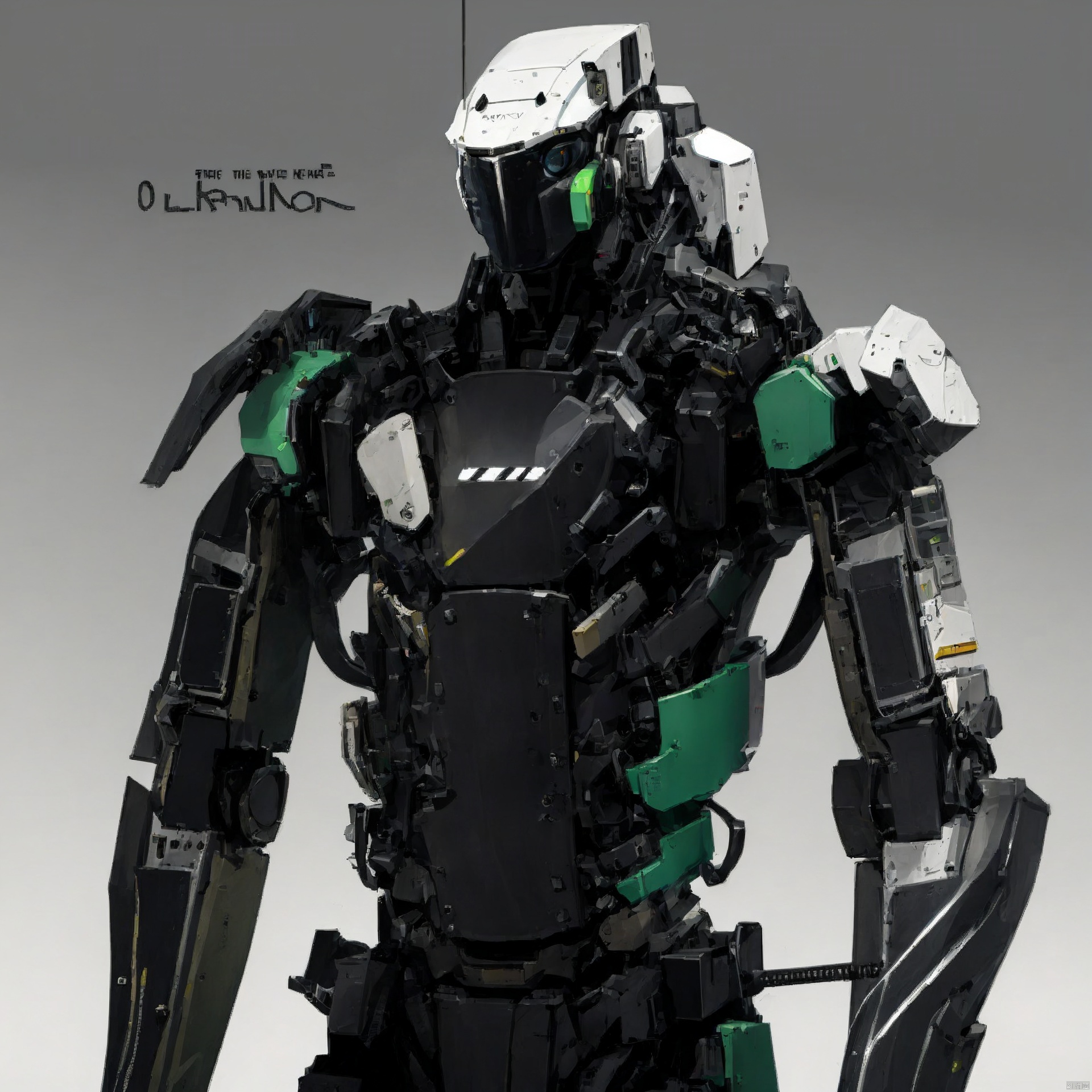  solo, upper body, weapon, grey background, english text, gradient background, no humans, robot, mecha, science fiction, realistic, color