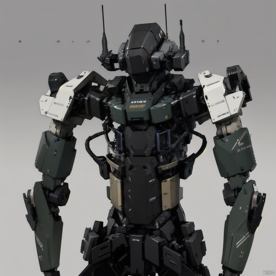 solo, upper body, weapon, grey background, english text, gradient background, no humans, robot, mecha, science fiction, realistic