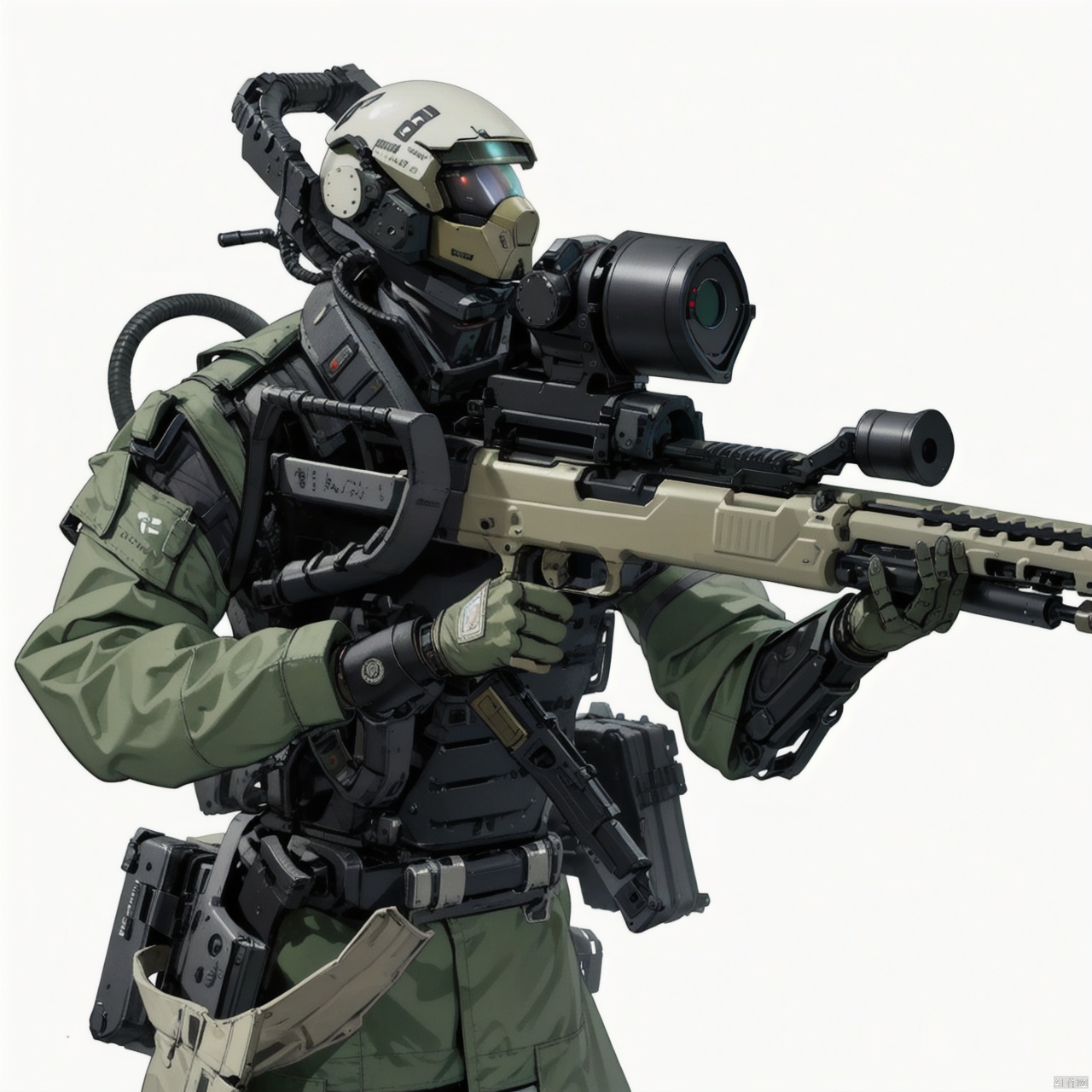 solo, 1boy, white background, holding, weapon, holding weapon, armor, gun, military, no humans, helmet, robot, holding gun, mecha, rifle, science fiction