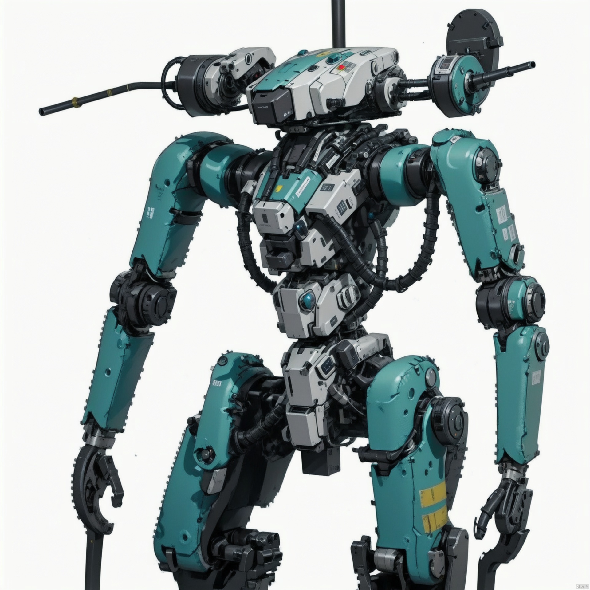  solo, simple background, white background, no humans, robot, mecha, machinery, science fiction, realistic, cable