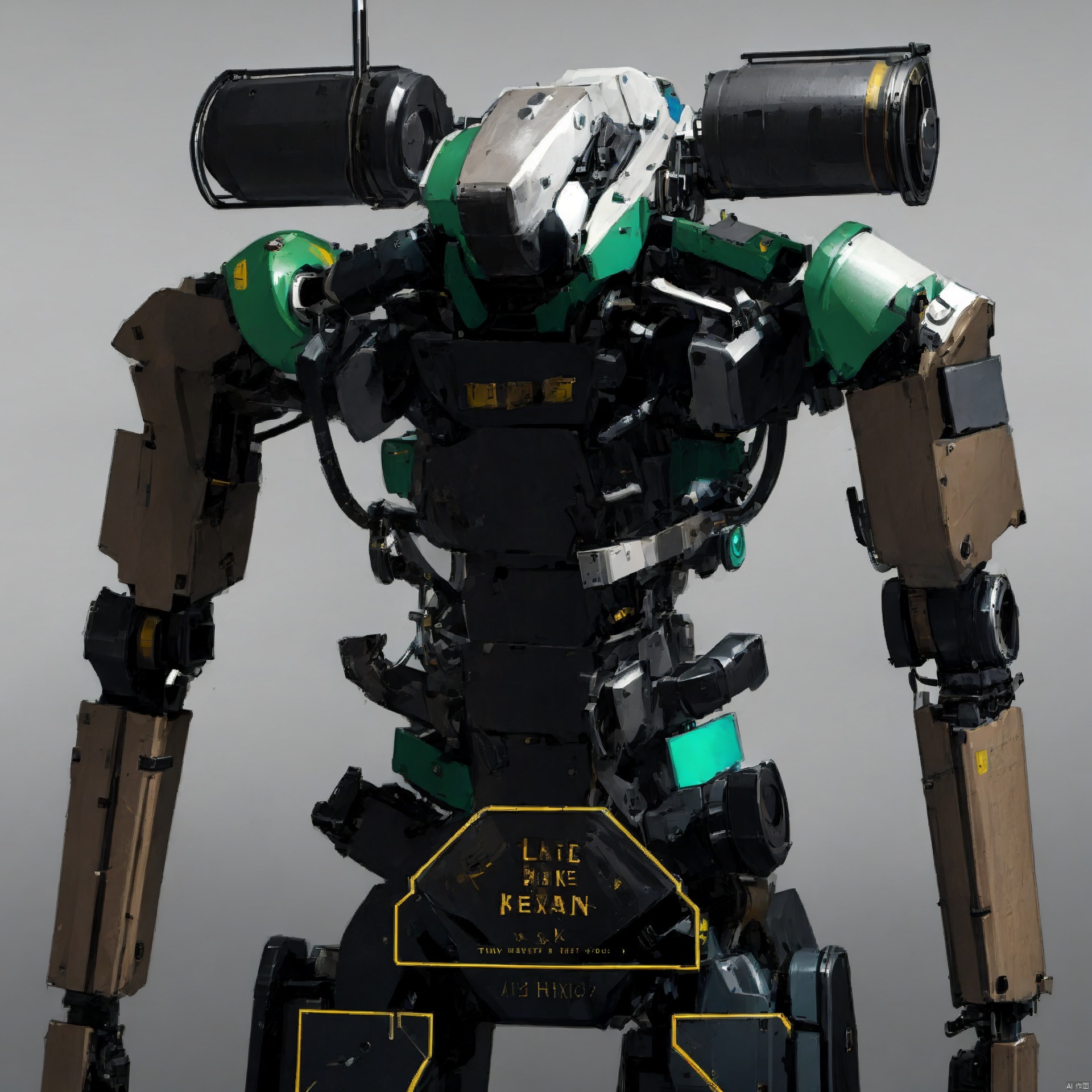  solo, upper body, weapon, grey background, english text, gradient background, no humans, robot, mecha, science fiction, realistic, color