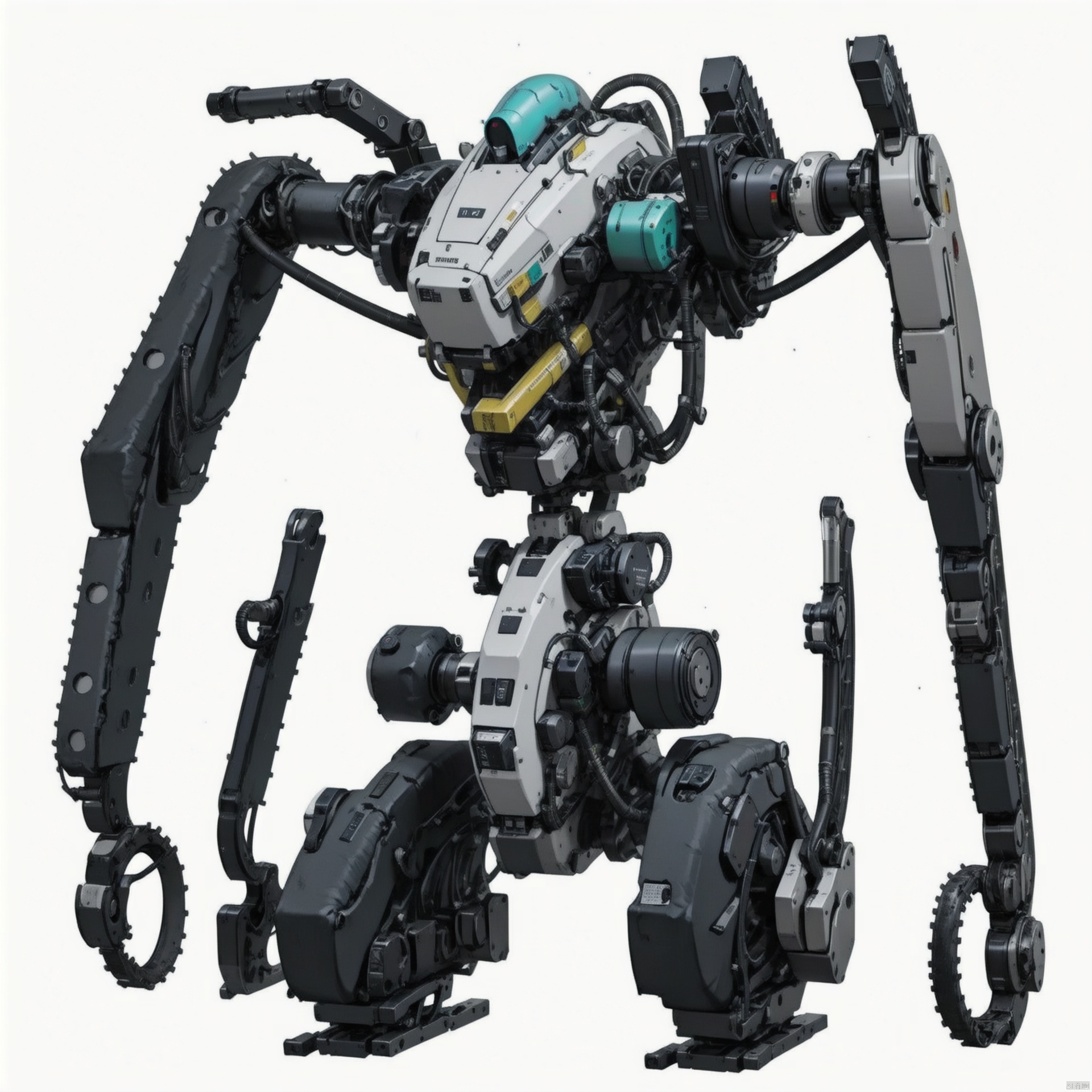  solo, simple background, white background, no humans, robot, mecha, machinery, science fiction, realistic, cable