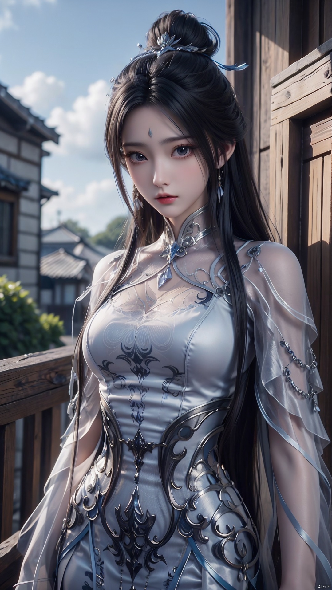  1girl, black hair, long hair, dress, solo, white dress, hair ornament, chinese clothes, facial mark, hair bun, forehead mark, earrings, perfect body, scenery, sharp focus, best quality, masterpiece, detailed outfit, illustration, perfect eyes, finely detailed beautiful anime eyes, realistic skin, intricate details, best lighting, depth of field, ultra high resolution,cowboy_shot, dynamic pose, dynamic angle,