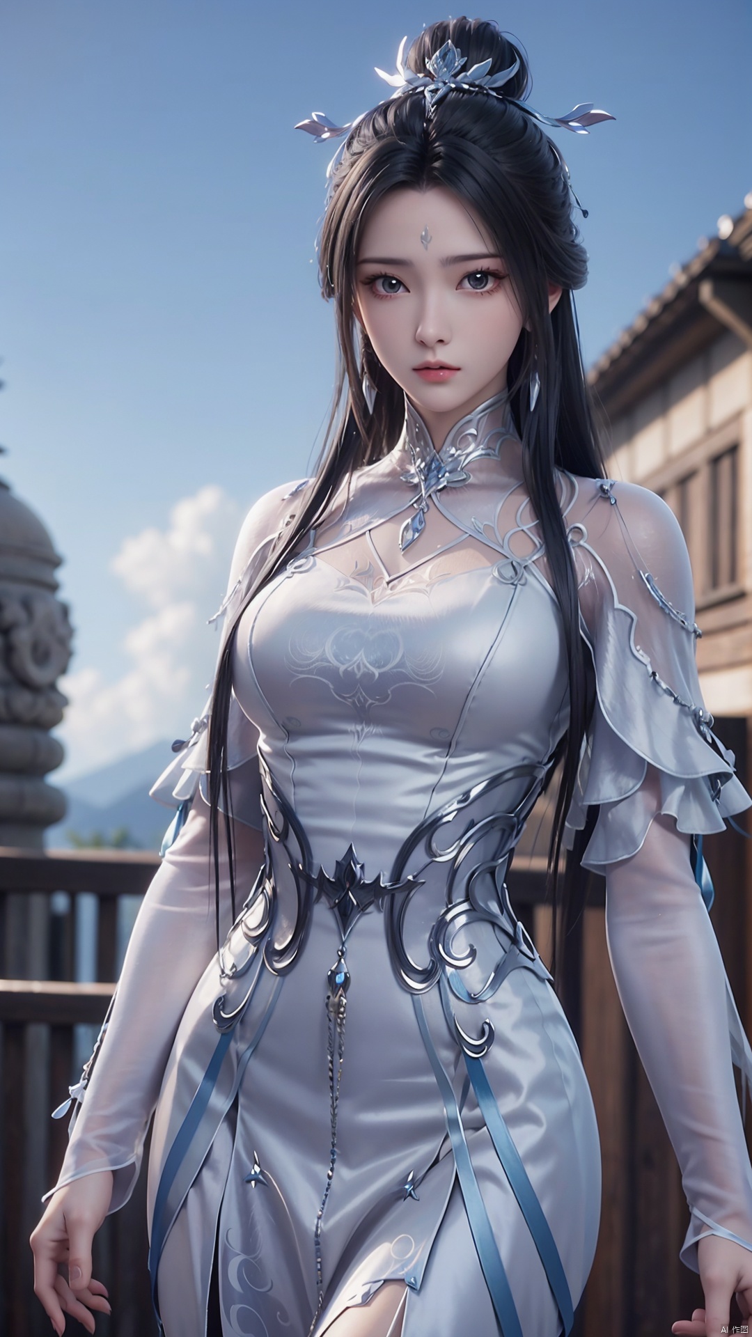  1girl, black hair, long hair, dress, solo, white dress, hair ornament, chinese clothes, facial mark, hair bun, forehead mark, earrings, perfect body, scenery, sharp focus, best quality, masterpiece, detailed outfit, illustration, perfect eyes, finely detailed beautiful anime eyes, realistic skin, intricate details, best lighting, depth of field, ultra high resolution,cowboy_shot, dynamic pose, dynamic angle,