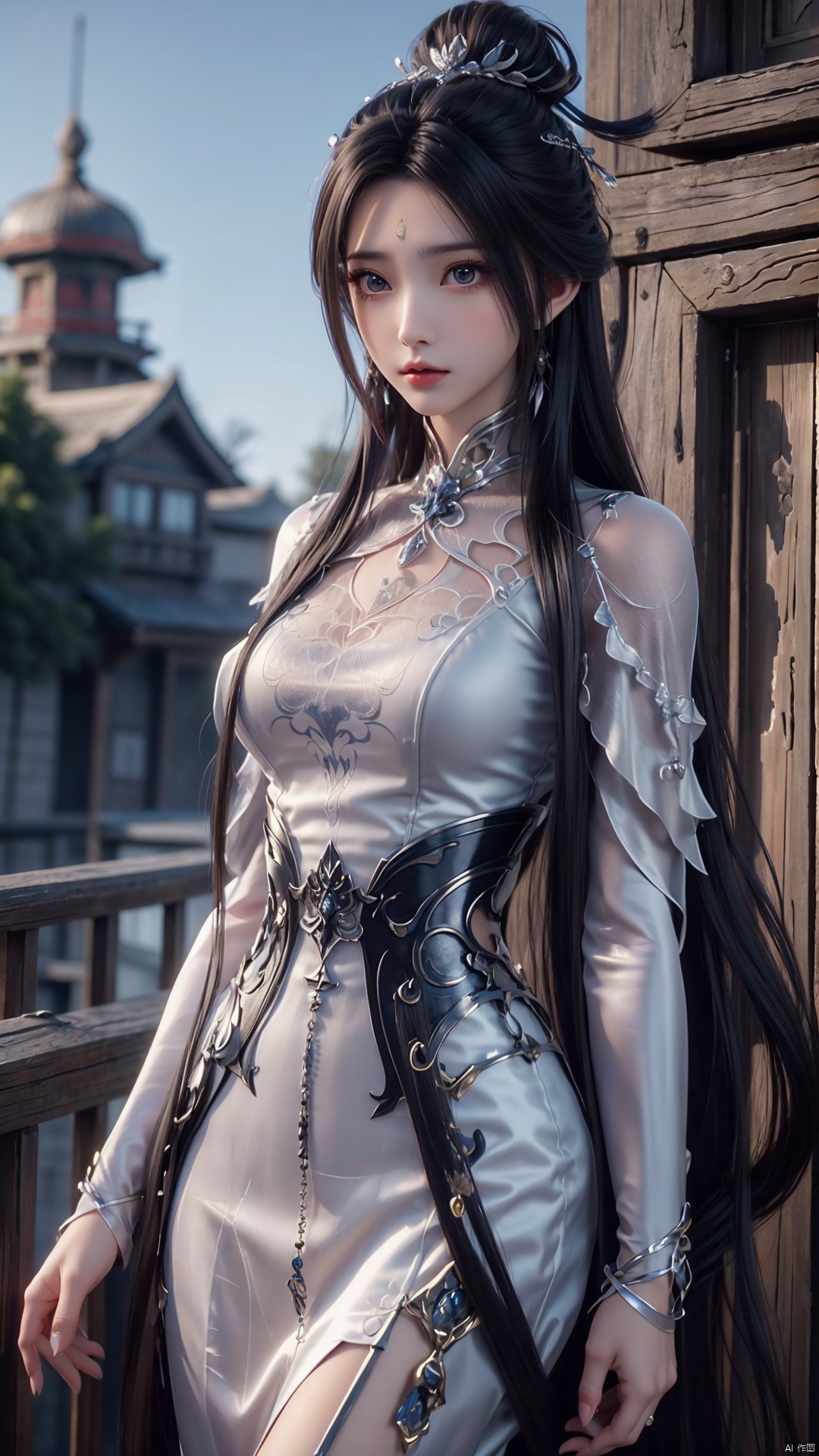  1girl, black hair, long hair, dress, solo, white dress, hair ornament, chinese clothes, facial mark, hair bun, forehead mark, earrings, perfect body, scenery, sharp focus, best quality, masterpiece, detailed outfit, illustration, perfect eyes, finely detailed beautiful anime eyes, realistic skin, intricate details, best lighting, depth of field, ultra high resolution,cowboy_shot, dynamic pose, dynamic angle,