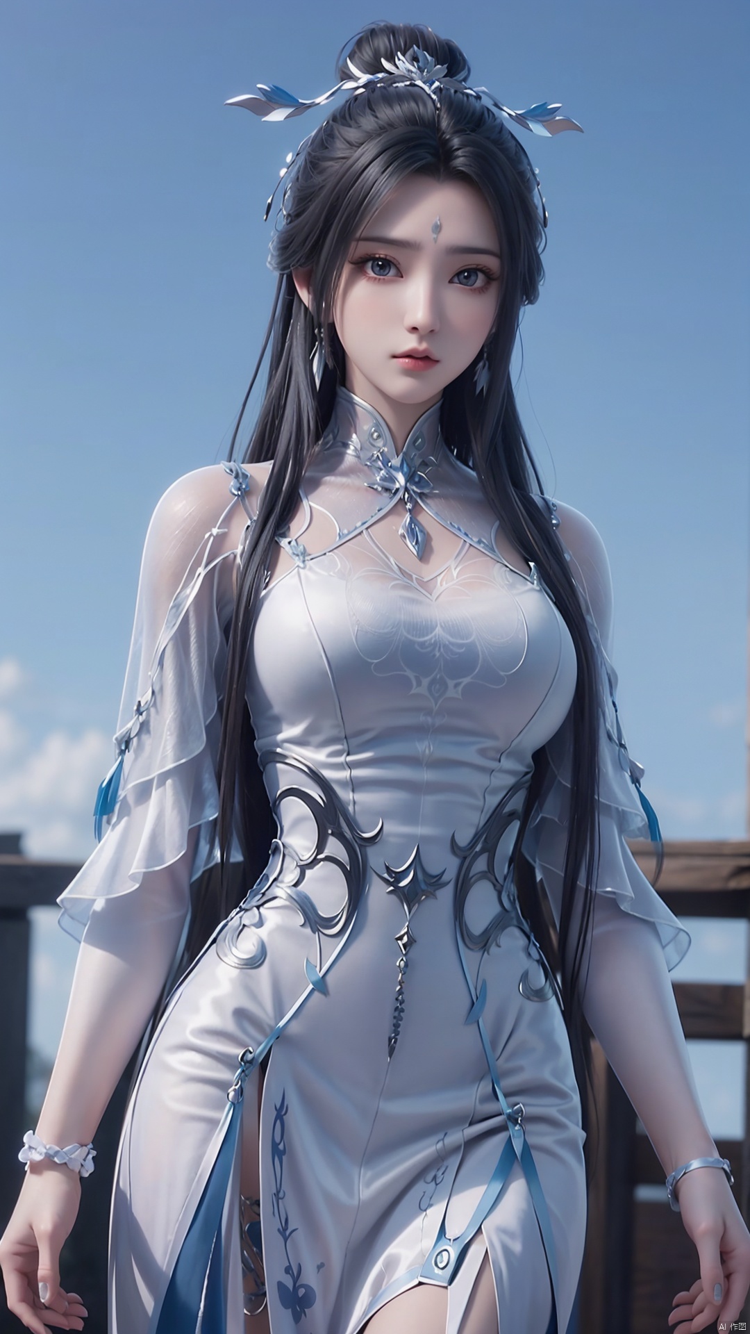  1girl, black hair, long hair, dress, solo, white dress, hair ornament, chinese clothes, facial mark, hair bun, forehead mark, earrings, perfect body, scenery, sharp focus, best quality, masterpiece, detailed outfit, illustration, perfect eyes, finely detailed beautiful anime eyes, realistic skin, intricate details, best lighting, depth of field, ultra high resolution,cowboy_shot, dynamic pose, dynamic angle,