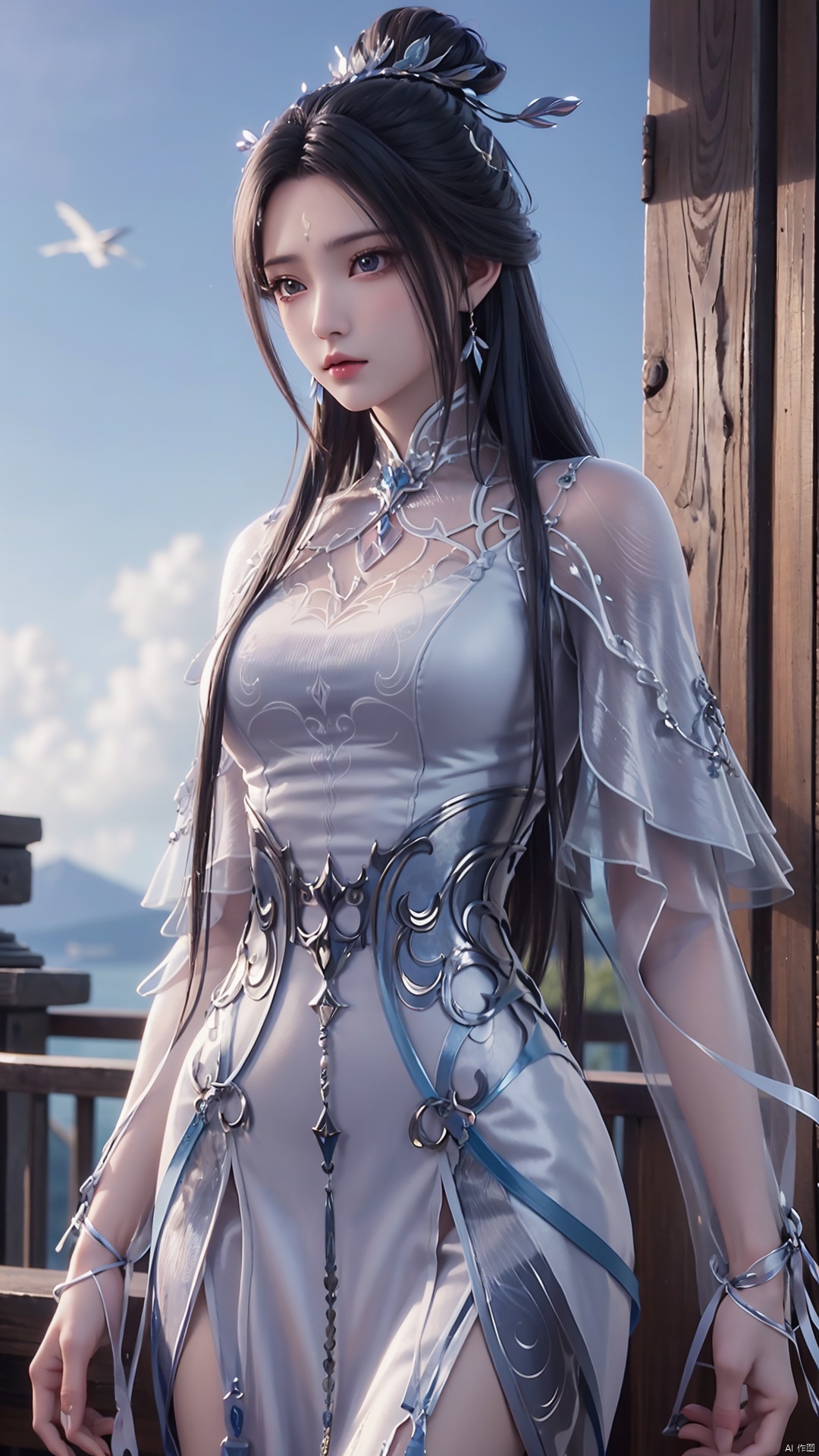  1girl, black hair, long hair, dress, solo, white dress, hair ornament, chinese clothes, facial mark, hair bun, forehead mark, earrings, perfect body, scenery, sharp focus, best quality, masterpiece, detailed outfit, illustration, perfect eyes, finely detailed beautiful anime eyes, realistic skin, intricate details, best lighting, depth of field, ultra high resolution,cowboy_shot, dynamic pose, dynamic angle,