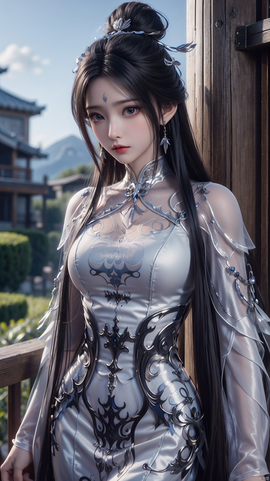  1girl, black hair, long hair, dress, solo, white dress, hair ornament, chinese clothes, facial mark, hair bun, forehead mark, earrings, perfect body, scenery, sharp focus, best quality, masterpiece, detailed outfit, illustration, perfect eyes, finely detailed beautiful anime eyes, realistic skin, intricate details, best lighting, depth of field, ultra high resolution,cowboy_shot, dynamic pose, dynamic angle,