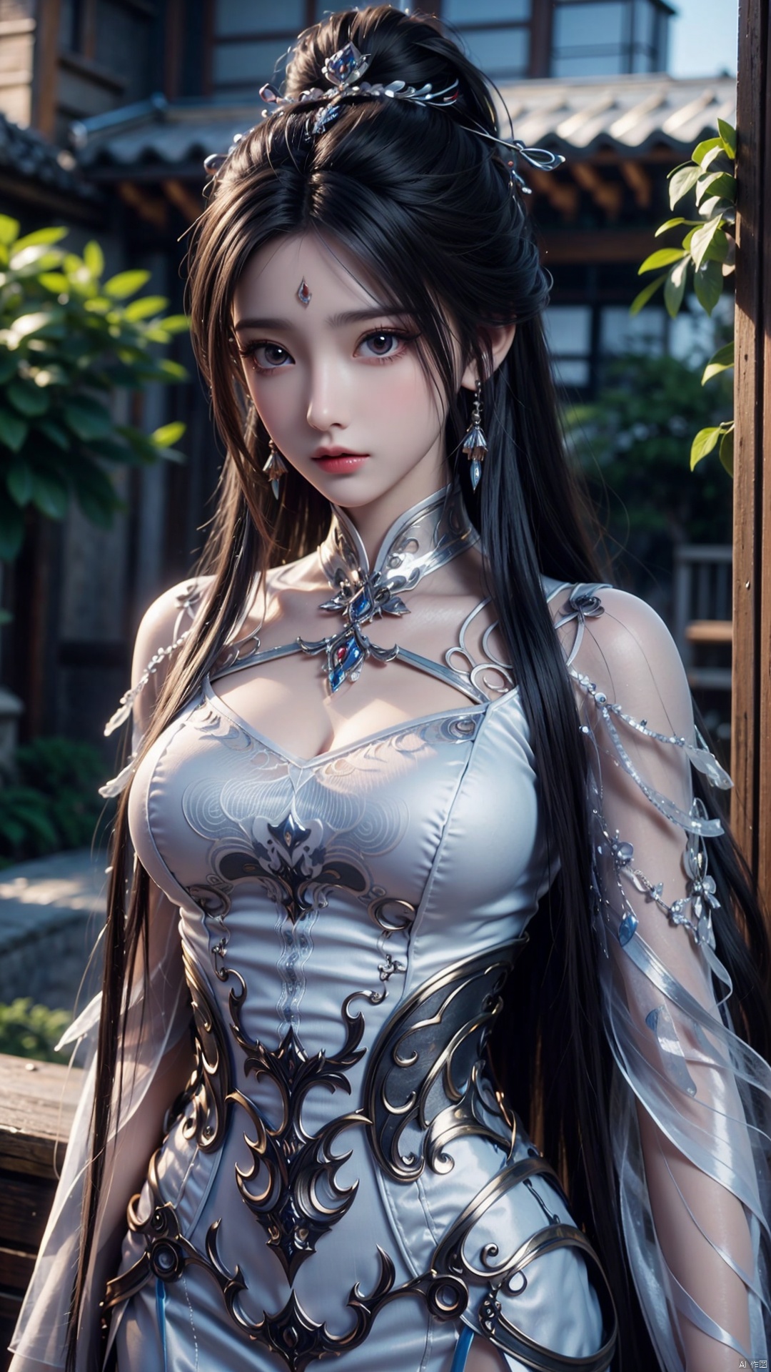  1girl, black hair, long hair, dress, solo, white dress, hair ornament, chinese clothes, facial mark, hair bun, forehead mark, earrings, perfect body, scenery, sharp focus, best quality, masterpiece, detailed outfit, illustration, perfect eyes, finely detailed beautiful anime eyes, realistic skin, intricate details, best lighting, depth of field, ultra high resolution,cowboy_shot, dynamic pose, dynamic angle,