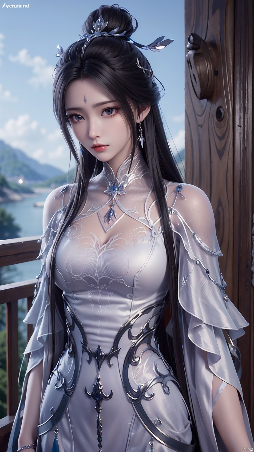  1girl, black hair, long hair, dress, solo, white dress, hair ornament, chinese clothes, facial mark, hair bun, forehead mark, earrings, perfect body, scenery, sharp focus, best quality, masterpiece, detailed outfit, illustration, perfect eyes, finely detailed beautiful anime eyes, realistic skin, intricate details, best lighting, depth of field, ultra high resolution,cowboy_shot, dynamic pose, dynamic angle,