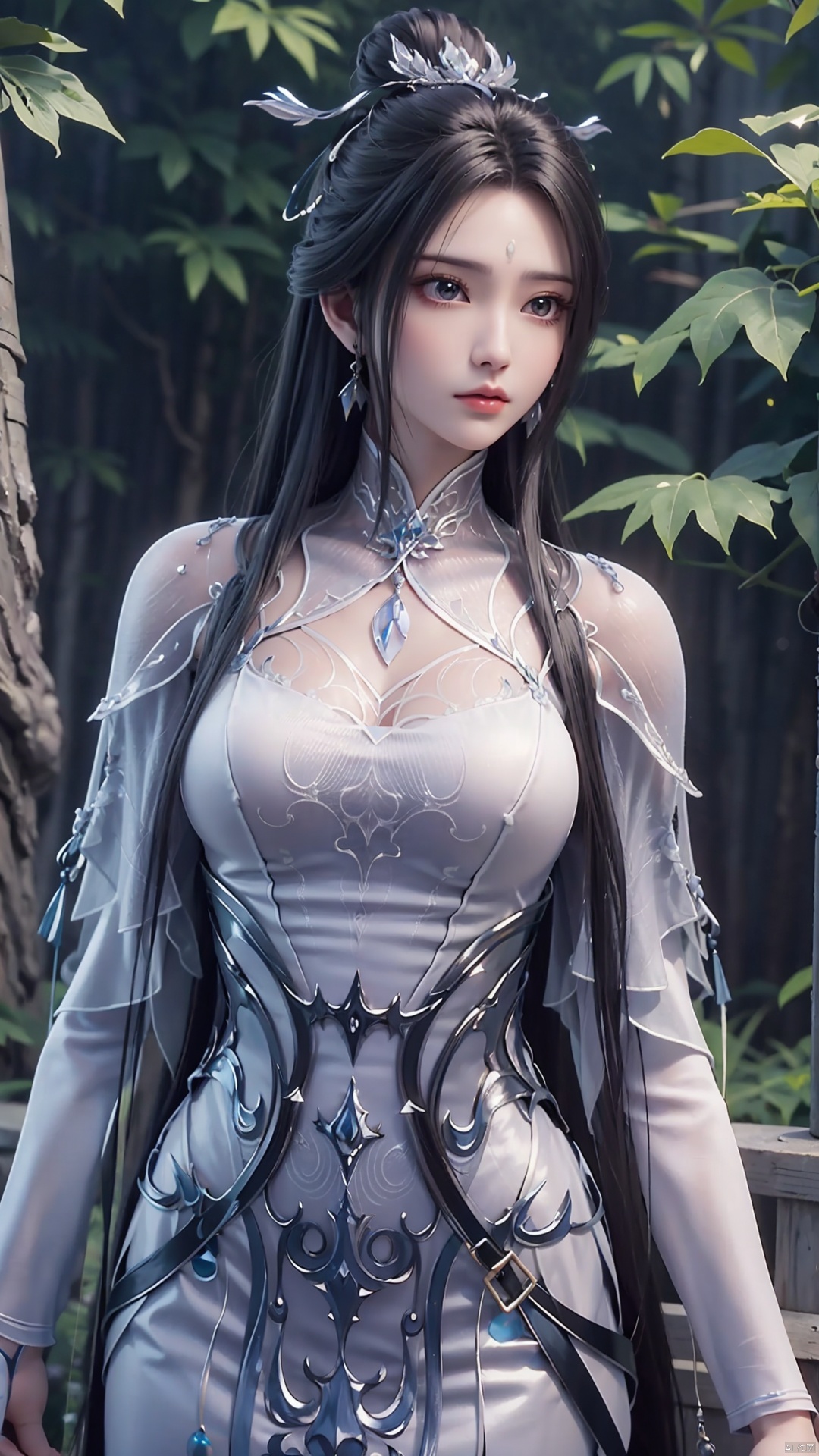  1girl, black hair, long hair, dress, solo, white dress, hair ornament, chinese clothes, facial mark, hair bun, forehead mark, earrings, perfect body, scenery, sharp focus, best quality, masterpiece, detailed outfit, illustration, perfect eyes, finely detailed beautiful anime eyes, realistic skin, intricate details, best lighting, depth of field, ultra high resolution,cowboy_shot, dynamic pose, dynamic angle,