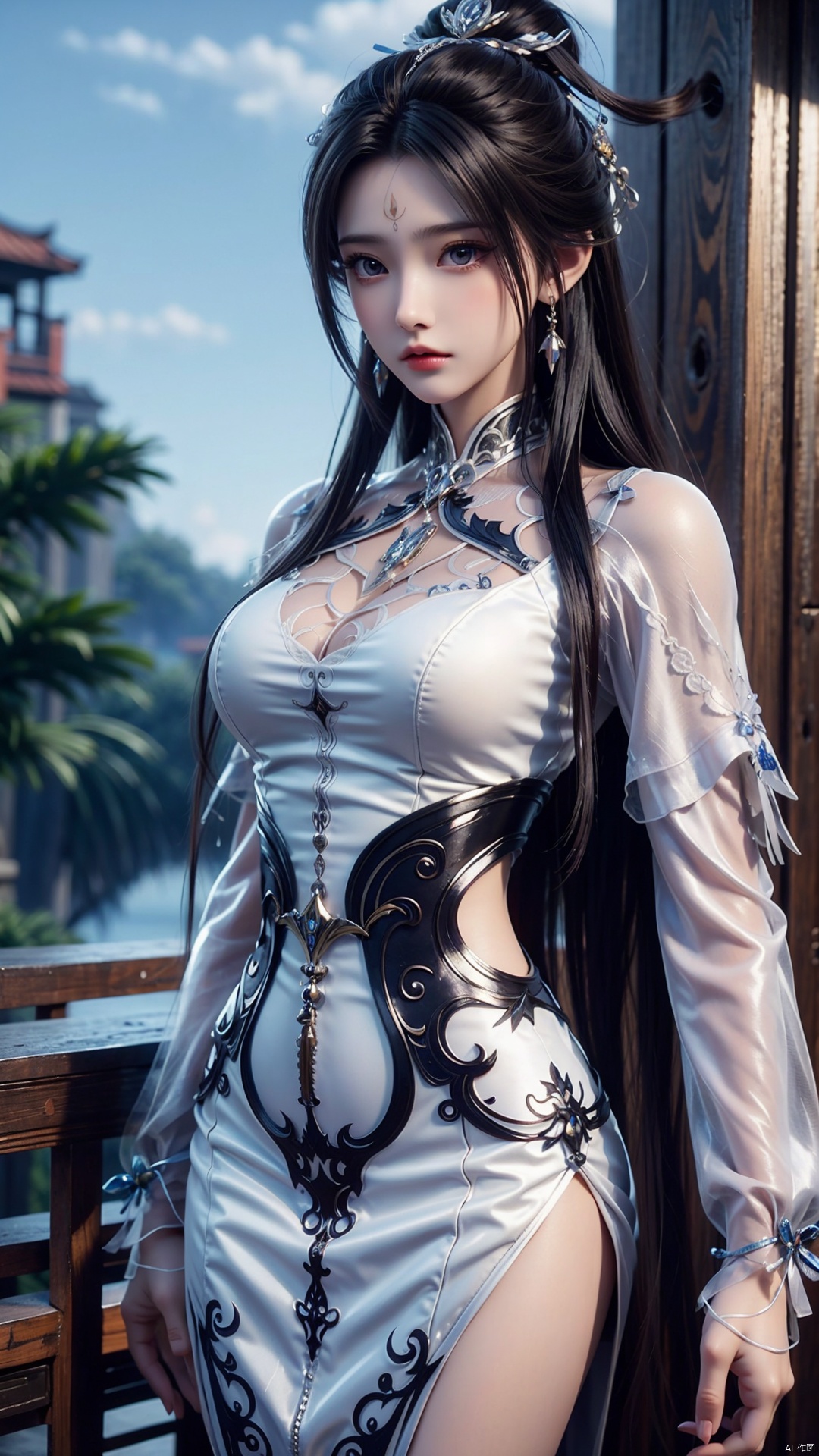  1girl, black hair, long hair, dress, solo, white dress, hair ornament, chinese clothes, facial mark, hair bun, forehead mark, earrings, perfect body, scenery, sharp focus, best quality, masterpiece, detailed outfit, illustration, perfect eyes, finely detailed beautiful anime eyes, realistic skin, intricate details, best lighting, depth of field, ultra high resolution,cowboy_shot, dynamic pose, dynamic angle,