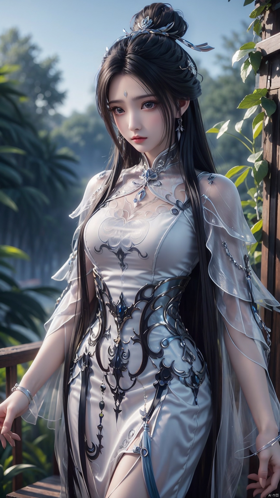  1girl, black hair, long hair, dress, solo, white dress, hair ornament, chinese clothes, facial mark, hair bun, forehead mark, earrings, perfect body, scenery, sharp focus, best quality, masterpiece, detailed outfit, illustration, perfect eyes, finely detailed beautiful anime eyes, realistic skin, intricate details, best lighting, depth of field, ultra high resolution,cowboy_shot, dynamic pose, dynamic angle,