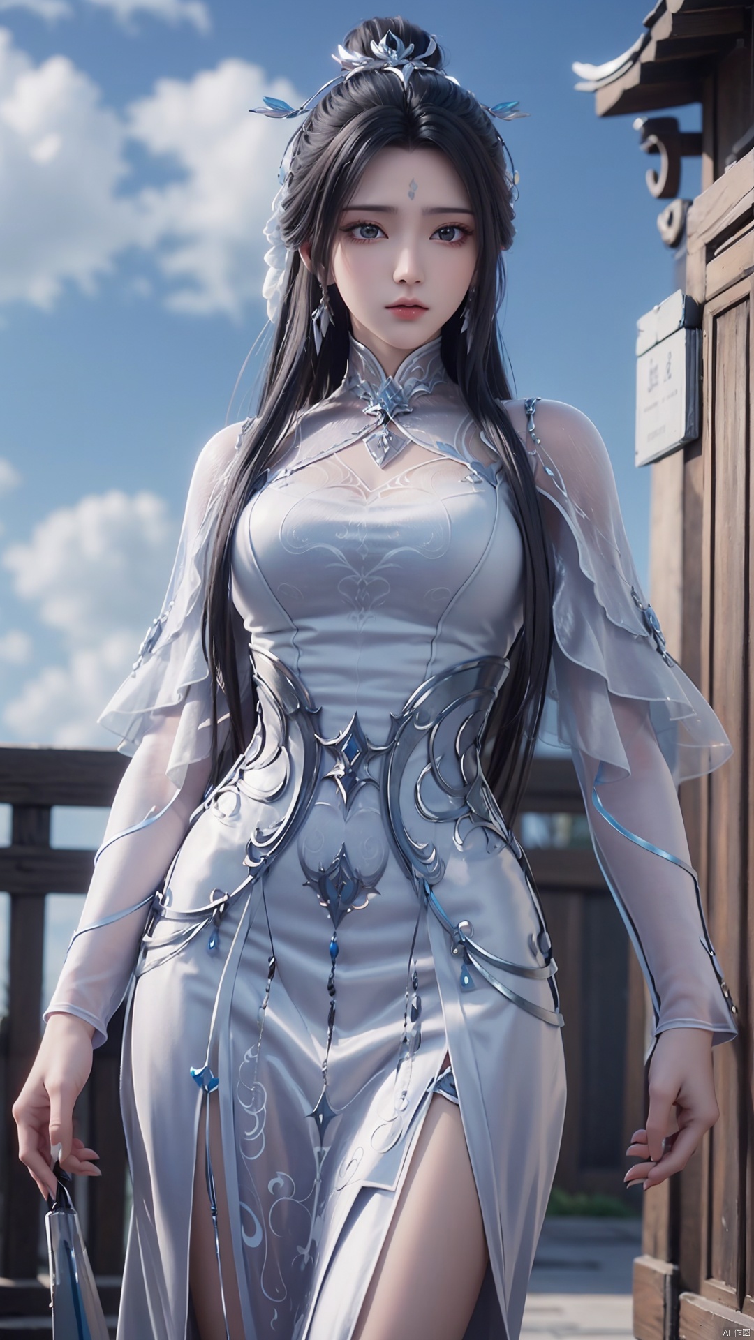  1girl, black hair, long hair, dress, solo, white dress, hair ornament, chinese clothes, facial mark, hair bun, forehead mark, earrings, perfect body, scenery, sharp focus, best quality, masterpiece, detailed outfit, illustration, perfect eyes, finely detailed beautiful anime eyes, realistic skin, intricate details, best lighting, depth of field, ultra high resolution,cowboy_shot, dynamic pose, dynamic angle,