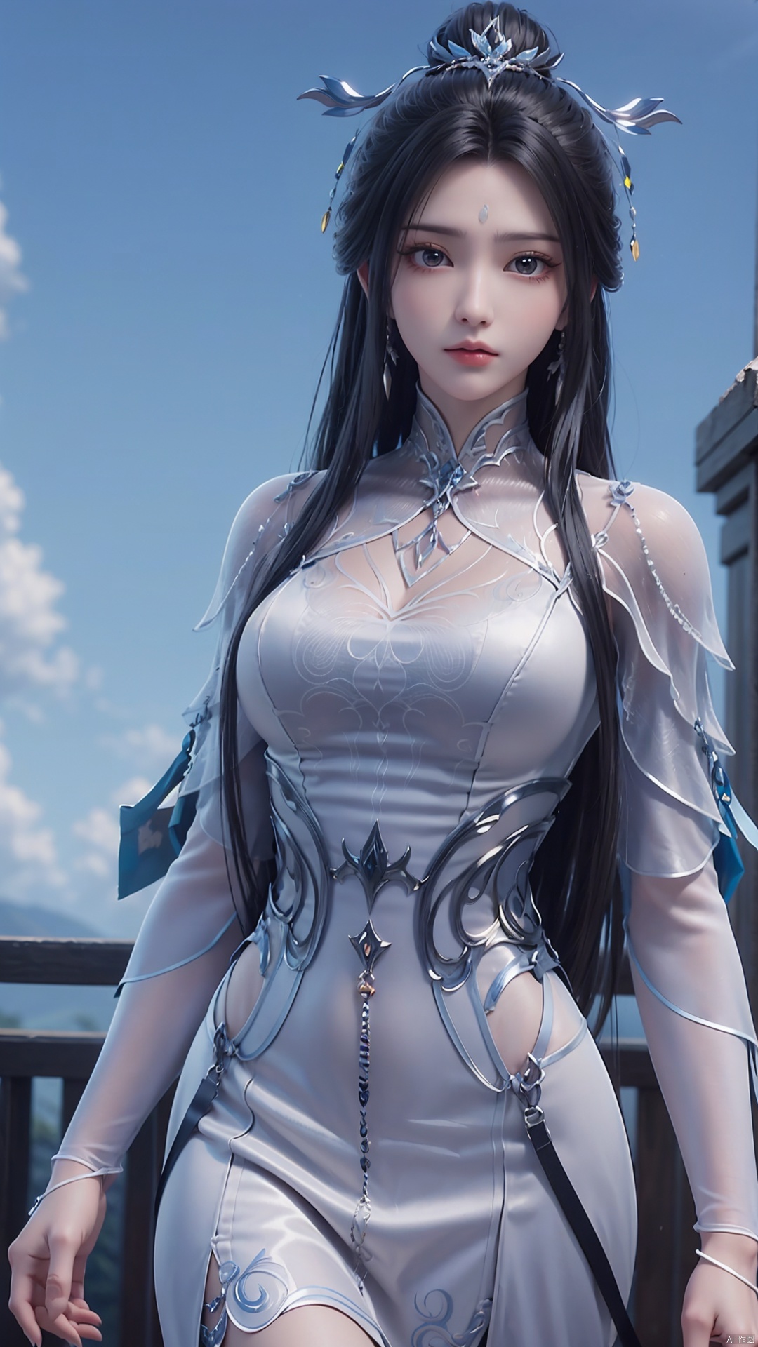  1girl, black hair, long hair, dress, solo, white dress, hair ornament, chinese clothes, facial mark, hair bun, forehead mark, earrings, perfect body, scenery, sharp focus, best quality, masterpiece, detailed outfit, illustration, perfect eyes, finely detailed beautiful anime eyes, realistic skin, intricate details, best lighting, depth of field, ultra high resolution,cowboy_shot, dynamic pose, dynamic angle,