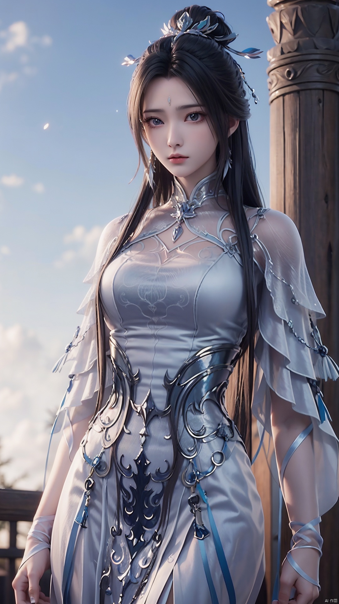  1girl, black hair, long hair, dress, solo, white dress, hair ornament, chinese clothes, facial mark, hair bun, forehead mark, earrings, perfect body, scenery, sharp focus, best quality, masterpiece, detailed outfit, illustration, perfect eyes, finely detailed beautiful anime eyes, realistic skin, intricate details, best lighting, depth of field, ultra high resolution,cowboy_shot, dynamic pose, dynamic angle,