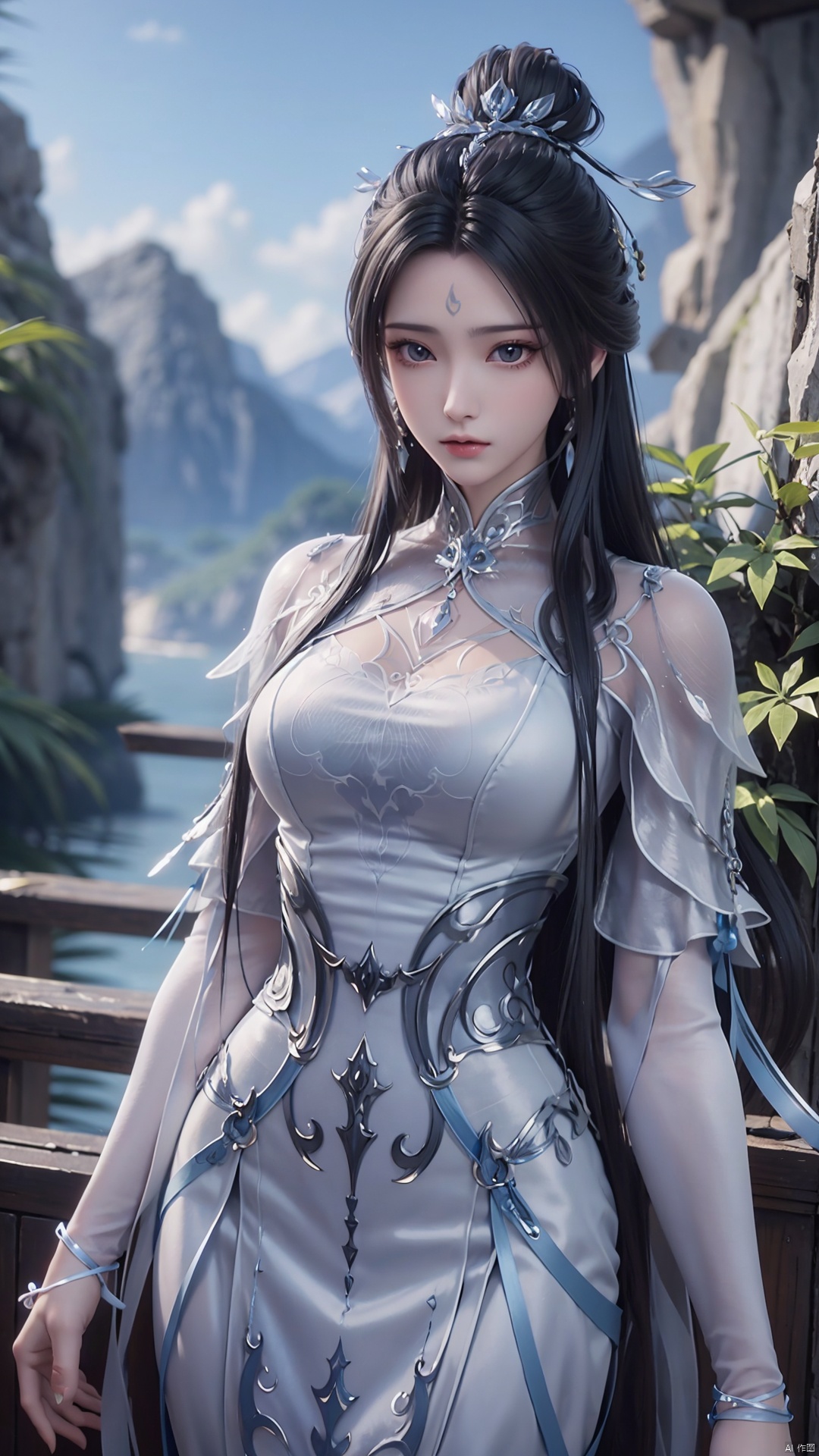  1girl, black hair, long hair, dress, solo, white dress, hair ornament, chinese clothes, facial mark, hair bun, forehead mark, earrings, perfect body, scenery, sharp focus, best quality, masterpiece, detailed outfit, illustration, perfect eyes, finely detailed beautiful anime eyes, realistic skin, intricate details, best lighting, depth of field, ultra high resolution,cowboy_shot, dynamic pose, dynamic angle,