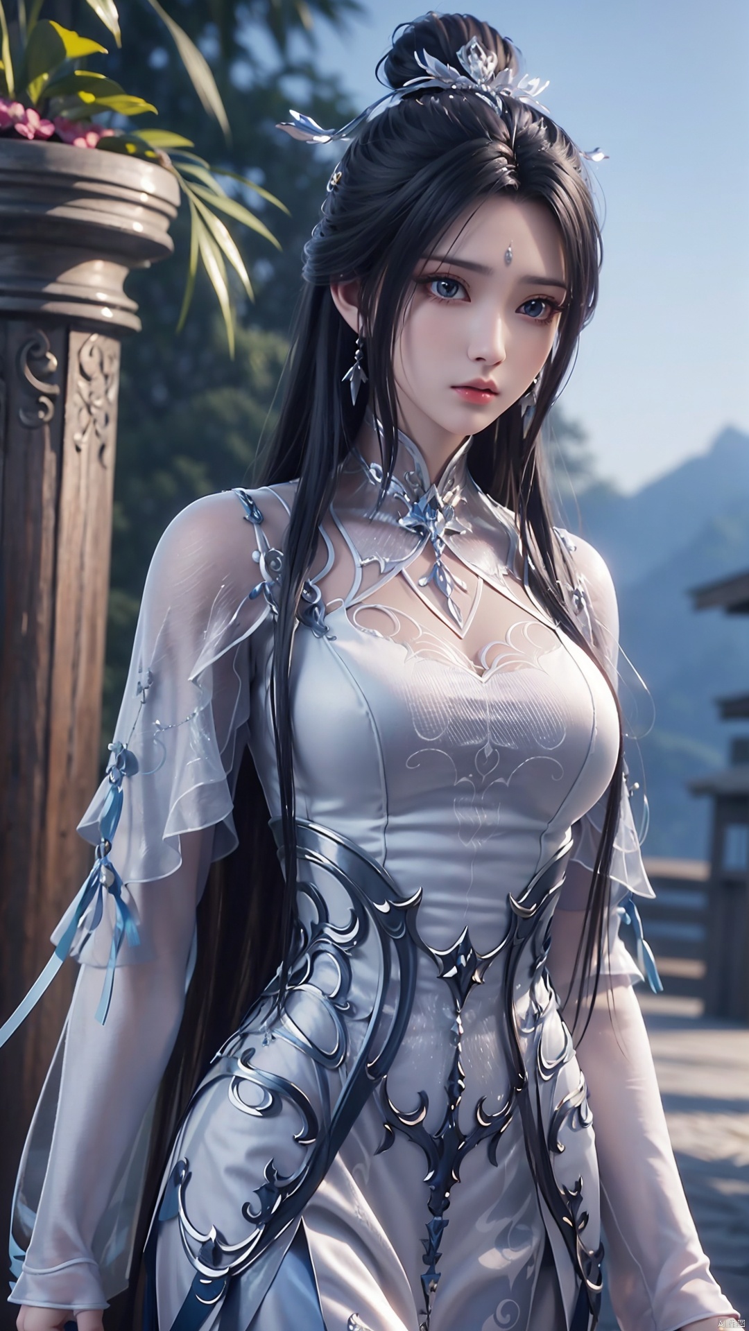  1girl, black hair, long hair, dress, solo, white dress, hair ornament, chinese clothes, facial mark, hair bun, forehead mark, earrings, perfect body, scenery, sharp focus, best quality, masterpiece, detailed outfit, illustration, perfect eyes, finely detailed beautiful anime eyes, realistic skin, intricate details, best lighting, depth of field, ultra high resolution,cowboy_shot, dynamic pose, dynamic angle,