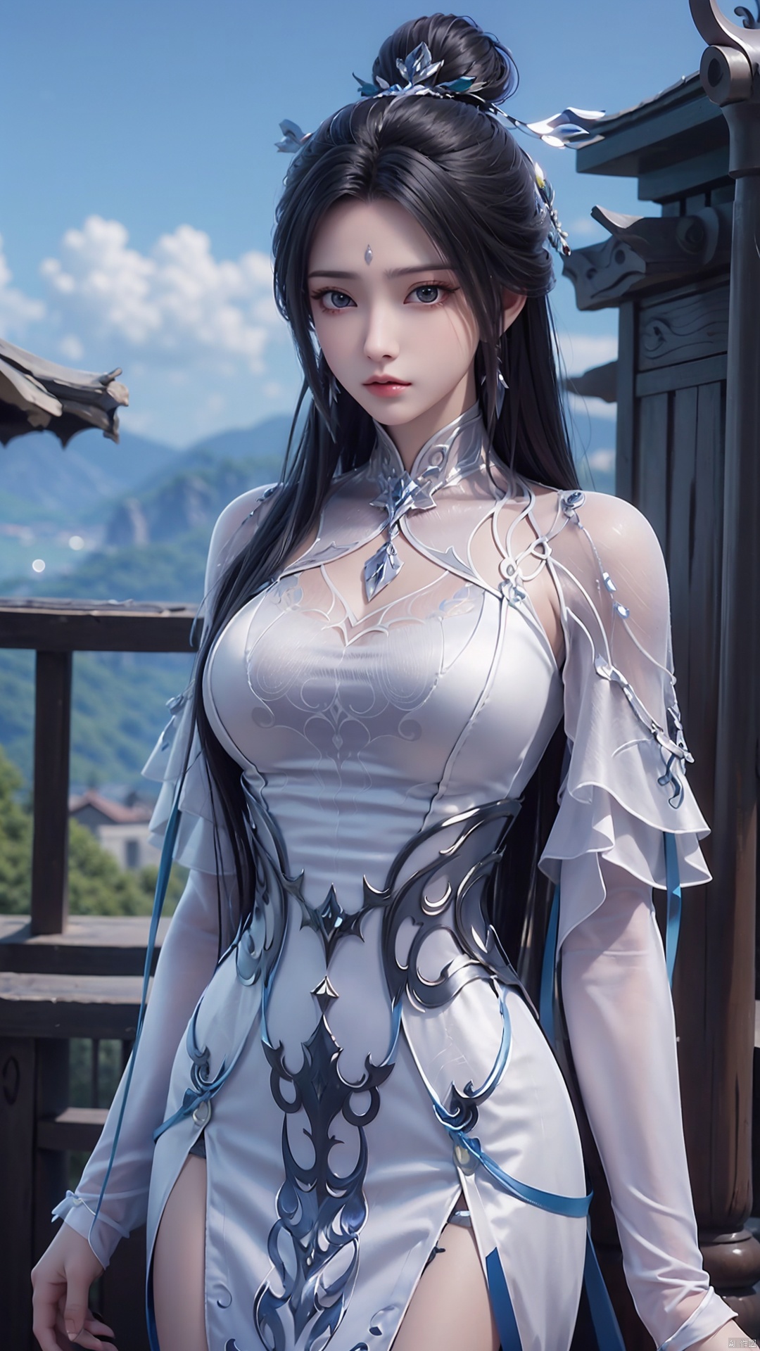  1girl, black hair, long hair, dress, solo, white dress, hair ornament, chinese clothes, facial mark, hair bun, forehead mark, earrings, perfect body, scenery, sharp focus, best quality, masterpiece, detailed outfit, illustration, perfect eyes, finely detailed beautiful anime eyes, realistic skin, intricate details, best lighting, depth of field, ultra high resolution,cowboy_shot, dynamic pose, dynamic angle,