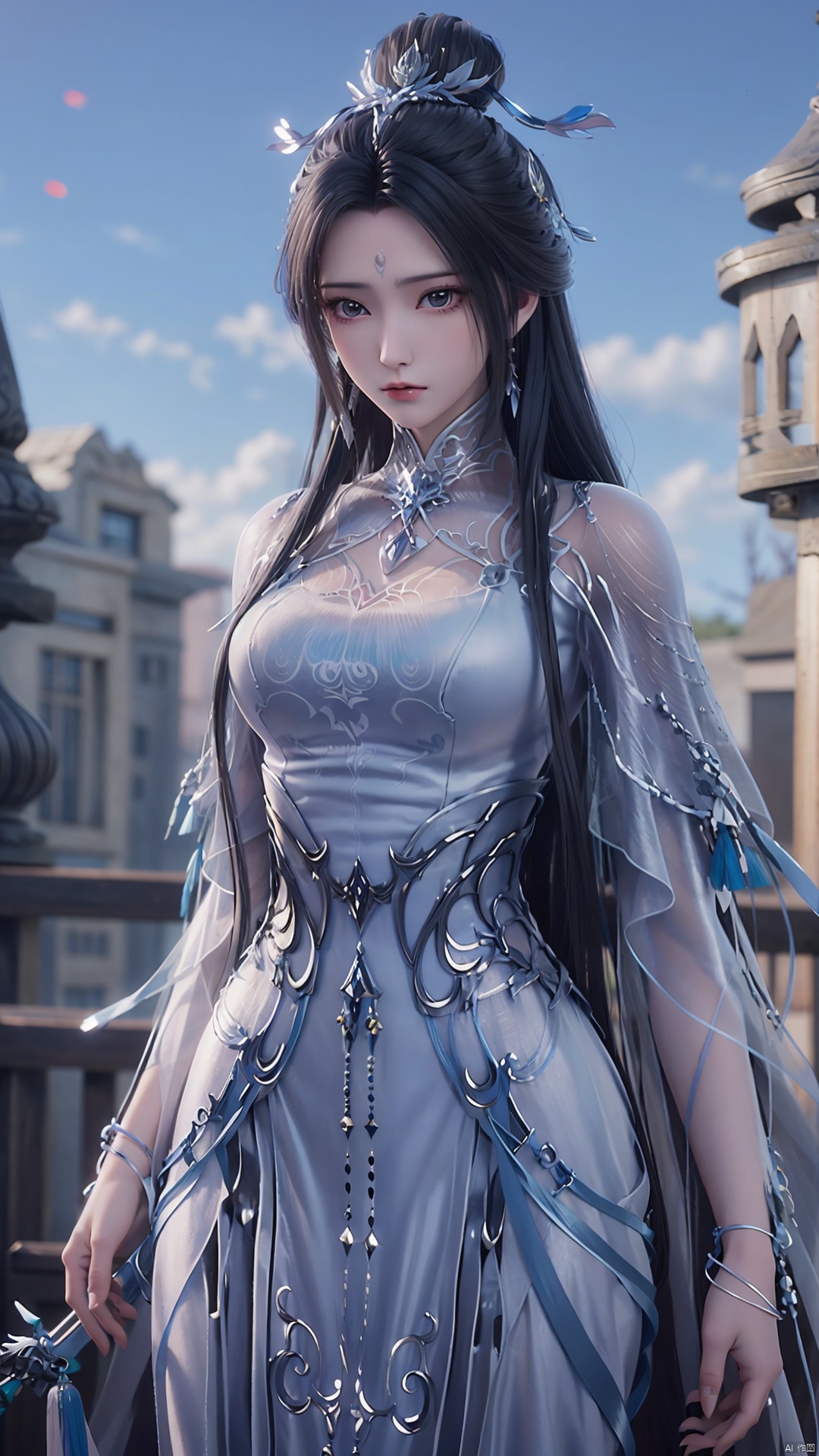  1girl, black hair, long hair, dress, solo, white dress, hair ornament, chinese clothes, facial mark, hair bun, forehead mark, earrings, perfect body, scenery, sharp focus, best quality, masterpiece, detailed outfit, illustration, perfect eyes, finely detailed beautiful anime eyes, realistic skin, intricate details, best lighting, depth of field, ultra high resolution,cowboy_shot, dynamic pose, dynamic angle,