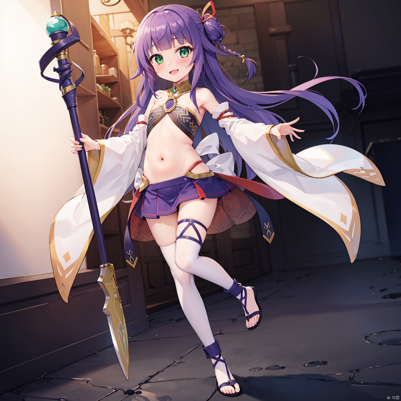  masterpiece, bestquality, Crowned by the World Chalice, 1girl, solo, long hair, looking at viewer, smile, skirt, ribbon, navel, holding, bare shoulders, jewelry, very long hair, green eyes, full body, hair ribbon, weapon, purple hair, detached sleeves, midriff, wide sleeves, holding weapon, flat chest, kneehighs, ring, toeless legwear,