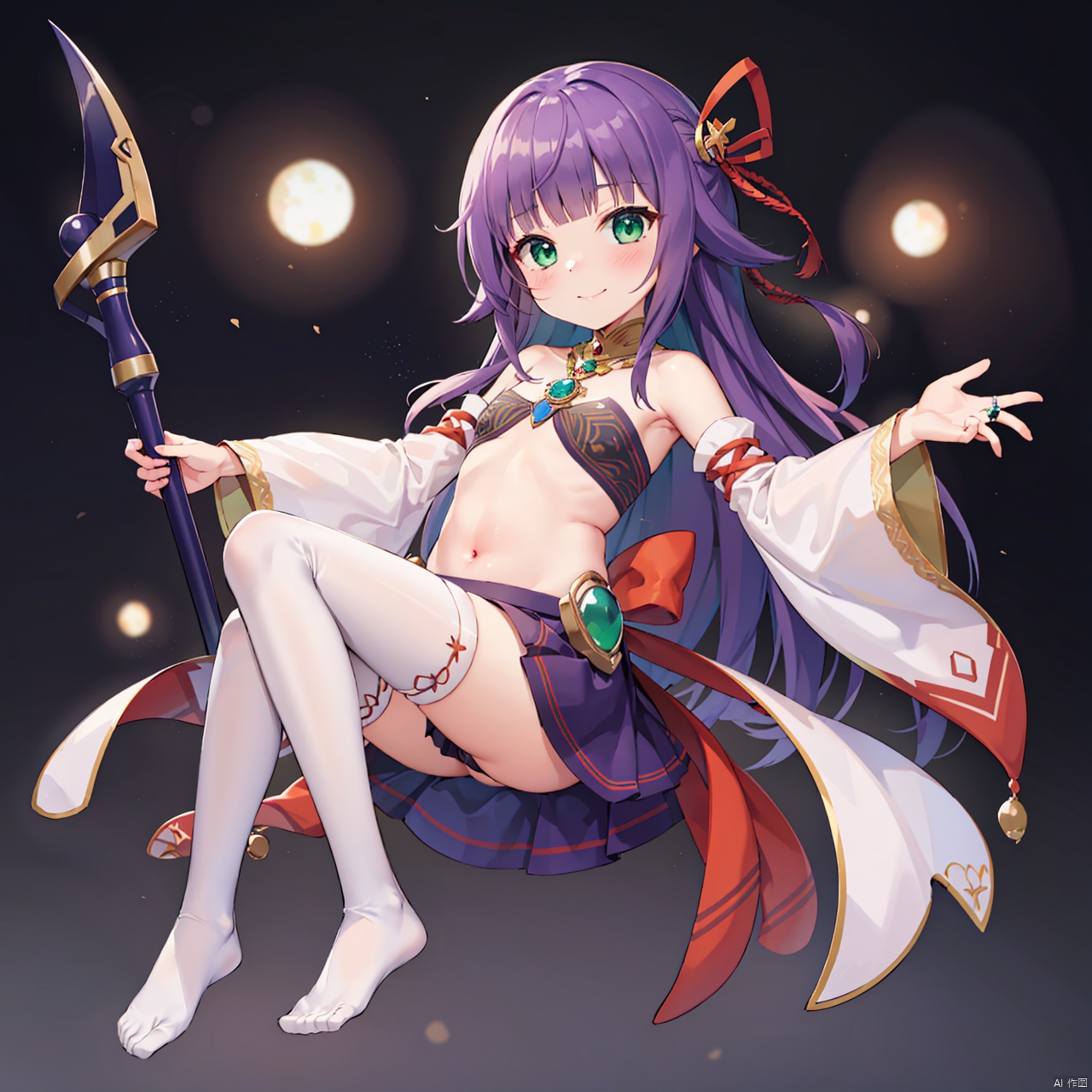  masterpiece, bestquality, Crowned by the World Chalice, 1girl, solo, long hair, looking at viewer, smile, skirt, ribbon, navel, holding, bare shoulders, jewelry, very long hair, green eyes, full body, hair ribbon, weapon, purple hair, detached sleeves, midriff, wide sleeves, holding weapon, flat chest, kneehighs, ring, toeless legwear,
