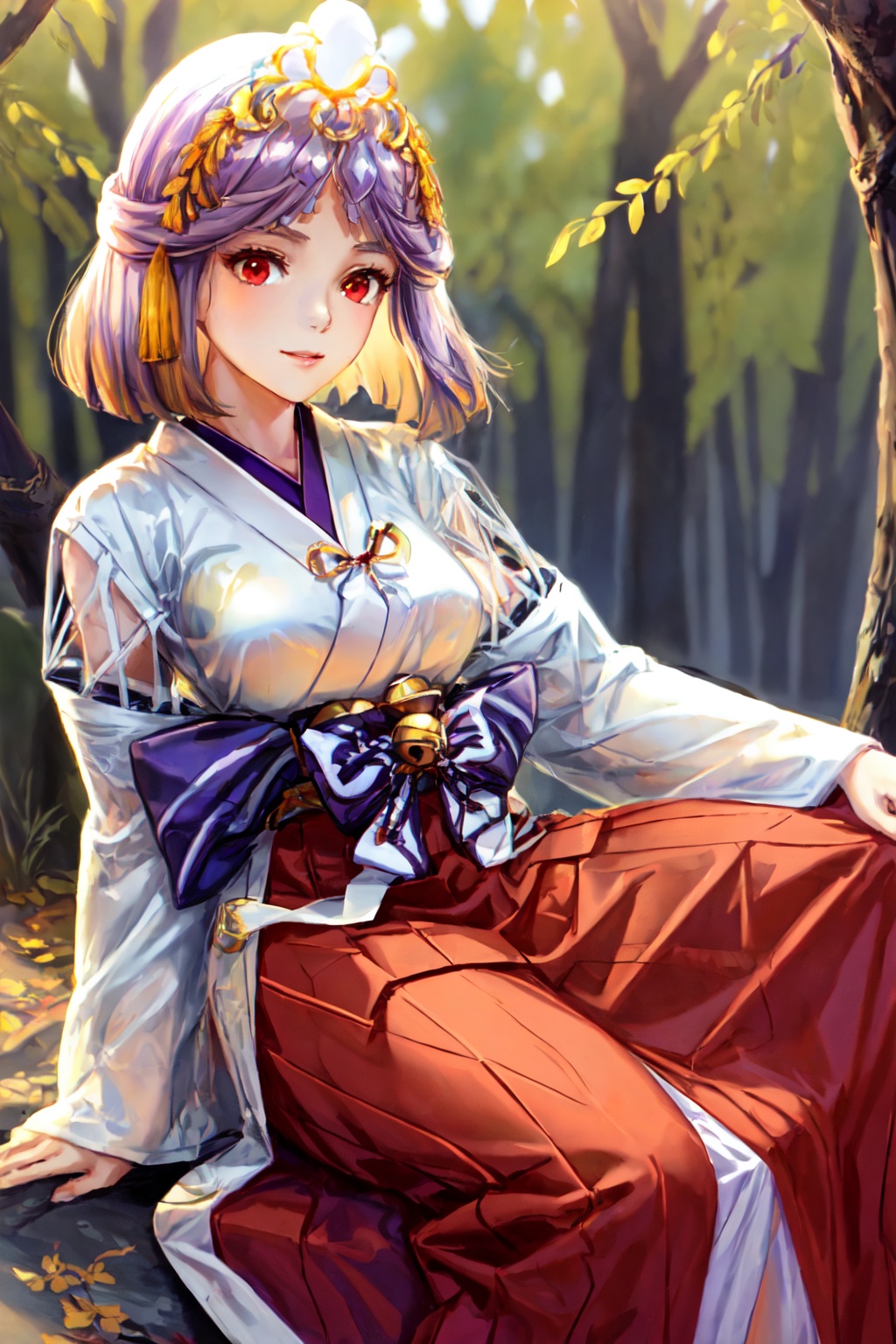 1girl,solo,Red eyes, multicolored hair,Short hair,Hair accessories, moles at the corners of the mouth,,Japanese dress, traditional dress, miko, miko costume,White dress, bell decoration, Bow, long sleeves, wide sleeves, split sleeves,Red skirt, long skirt,,,Milf,,,Out in the open, in the woods, surrounded by tall trees, lying on the ground,Anime Style<lora:EMS-93-EMS:0.500000>, <lora:EMS-335628-EMS:0.800000>