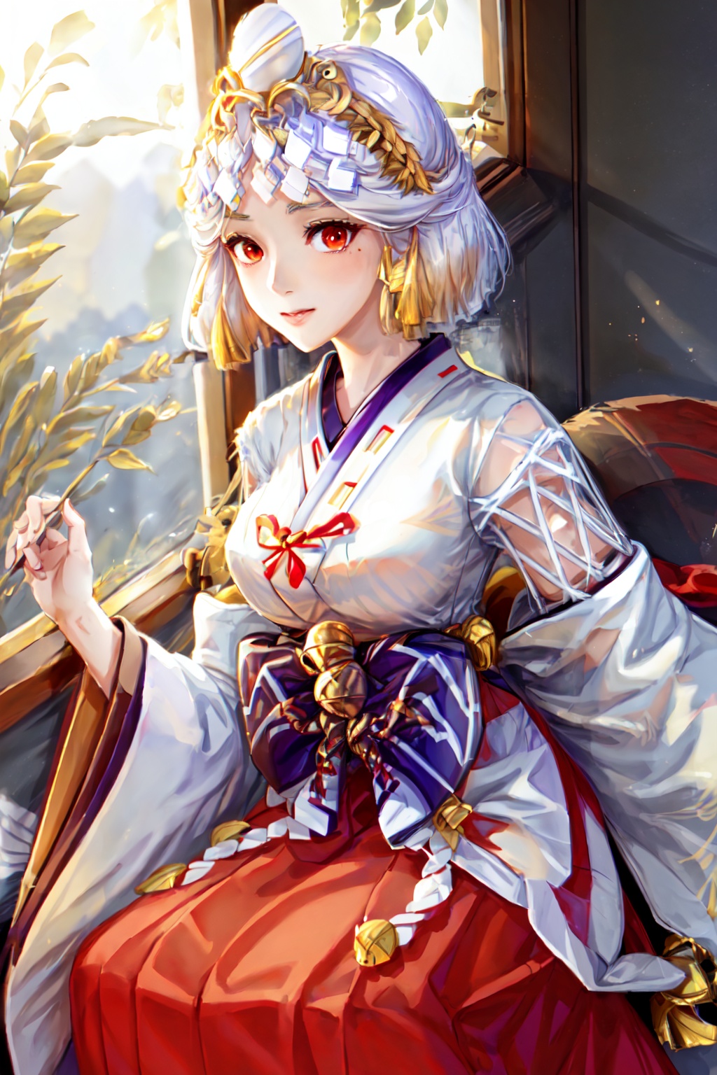 1girl,solo,Red eyes, multicolored hair,Short hair,Hair accessories, moles at the corners of the mouth,,Japanese dress, traditional dress, miko, miko costume,White dress, bell decoration, Bow, long sleeves, wide sleeves, split sleeves,Red skirt, long skirt,,,In the room, Japanese architecture, tatami, windows, sitting on the edge of the bed, next to the window, outside the window there are rice fields.<lora:EMS-335630-EMS:0.800000>, <lora:EMS-93-EMS:0.500000>