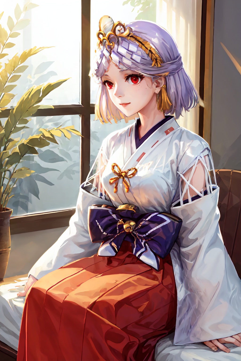 1girl,solo,Red eyes, multicolored hair,Short hair,Hair accessories, moles at the corners of the mouth,,Japanese dress, traditional dress, miko, miko costume,White dress, bell decoration, Bow, long sleeves, wide sleeves, split sleeves,Red skirt, long skirt,,,In the room, Japanese architecture, tatami, windows, sitting on the edge of the bed, next to the window, outside the window there are rice fields.<lora:EMS-335630-EMS:0.800000>