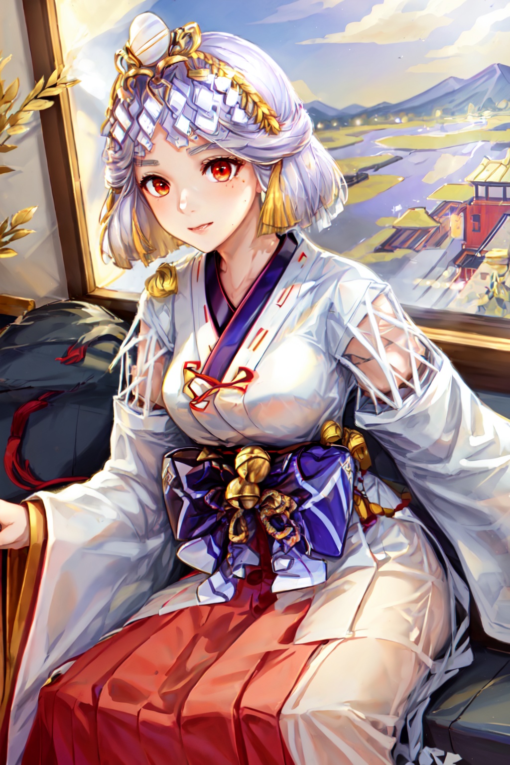1girl,solo,Red eyes, multicolored hair,Short hair,Hair accessories, moles at the corners of the mouth,,Japanese dress, traditional dress, miko, miko costume,White dress, bell decoration, Bow, long sleeves, wide sleeves, split sleeves,Red skirt, long skirt,,,In the room, Japanese architecture, tatami, windows, sitting on the edge of the bed, next to the window, outside the window there are rice fields.<lora:EMS-335630-EMS:0.800000>, <lora:EMS-93-EMS:0.500000>