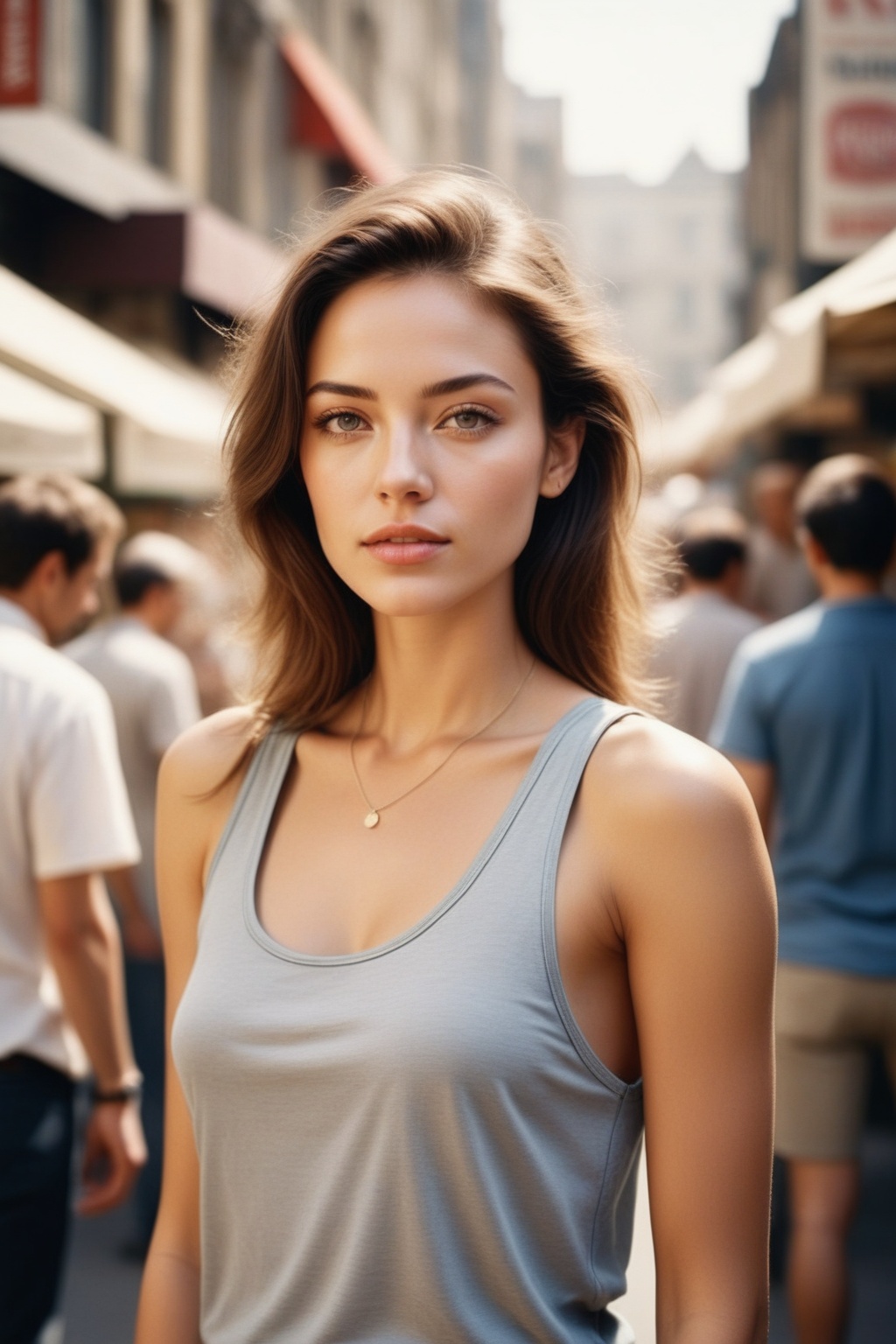 Beautiful woman wearing a tanktop ,  analog photograph,  professional fashion photoshoot on Tensor.Art