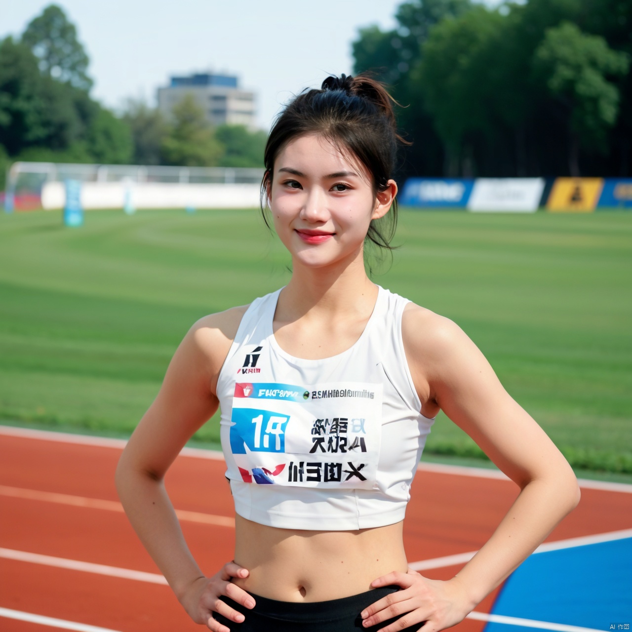 short hair, multiple girls, black hair, navel, 2girls, solo focus, midriff, blurry, crop top, blurry background, watermark, hands on hips, realistic, track and field