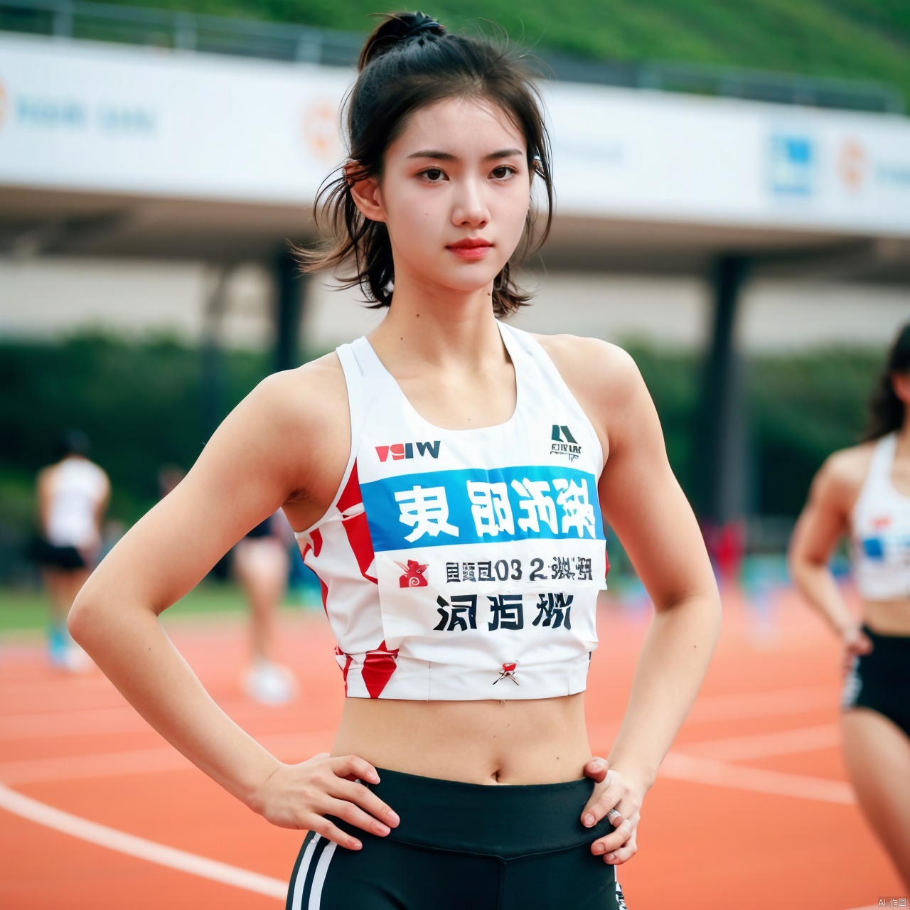 short hair, multiple girls, black hair, navel, 2girls, solo focus, midriff, blurry, crop top, blurry background, watermark, hands on hips, realistic, track and field