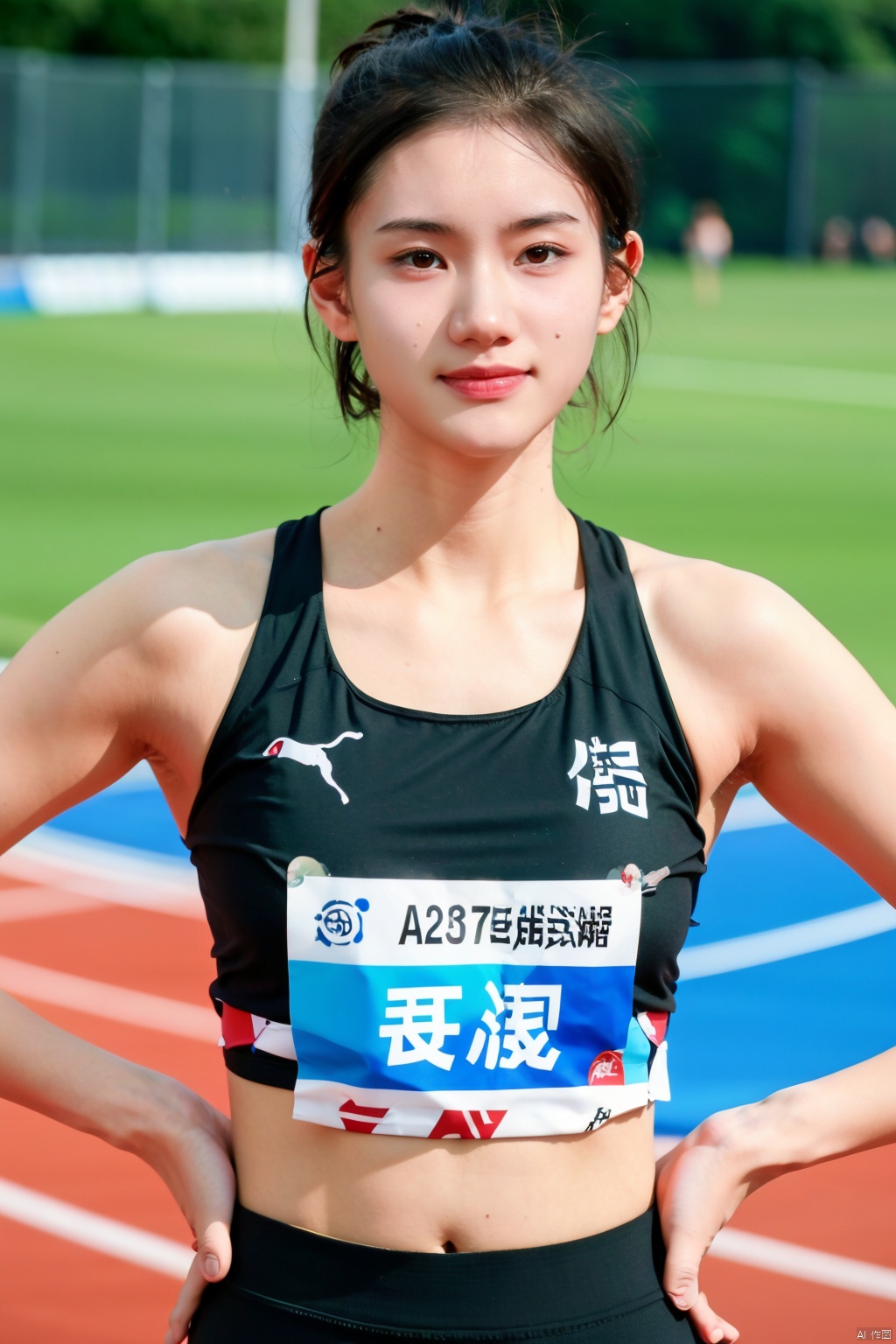 short hair, multiple girls, black hair, navel, 2girls, solo focus, midriff, blurry, crop top, blurry background, watermark, hands on hips, realistic, track and field