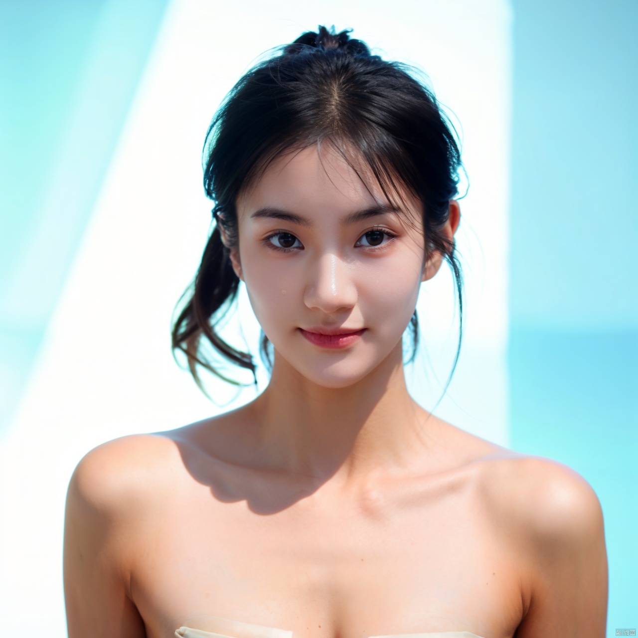 1girl, solo, naked, 
plain smile,,looking_at_viewer,white_background, black_eyes, gradient, collarbone,
( chiaroscuro,Fujicolor, UHD, super detail ,raw,85mm,f/1.2,FujifilmXT4,),