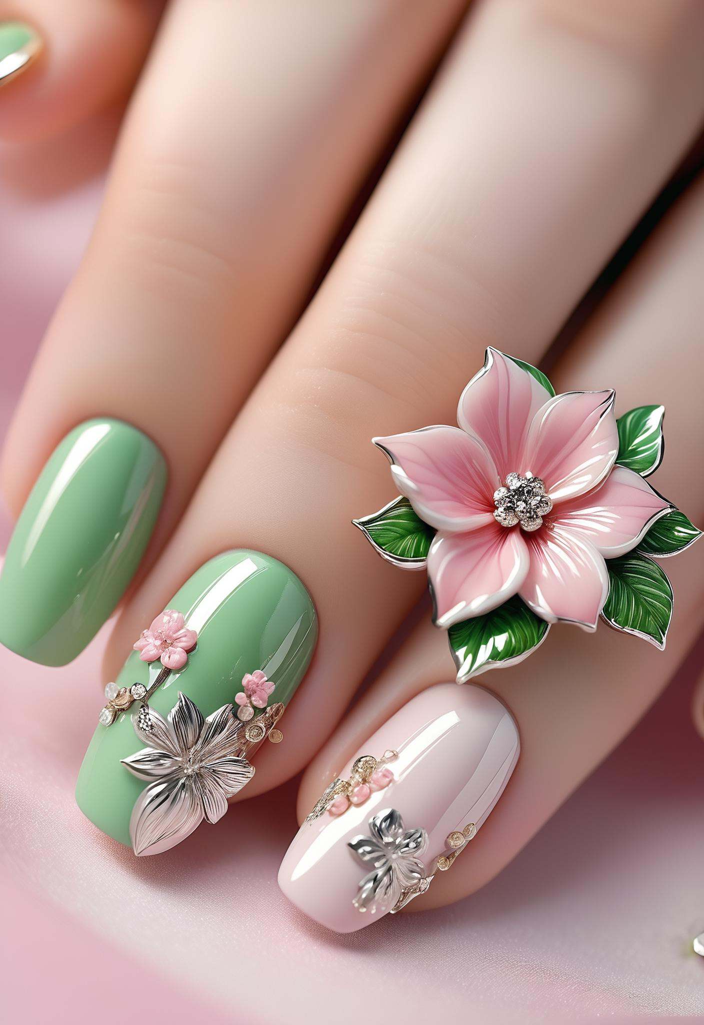 pink flowers with silver ornaments on a pink nail,  in the style of hyper-realistic sculptures,  golden hues on Tensor.Art