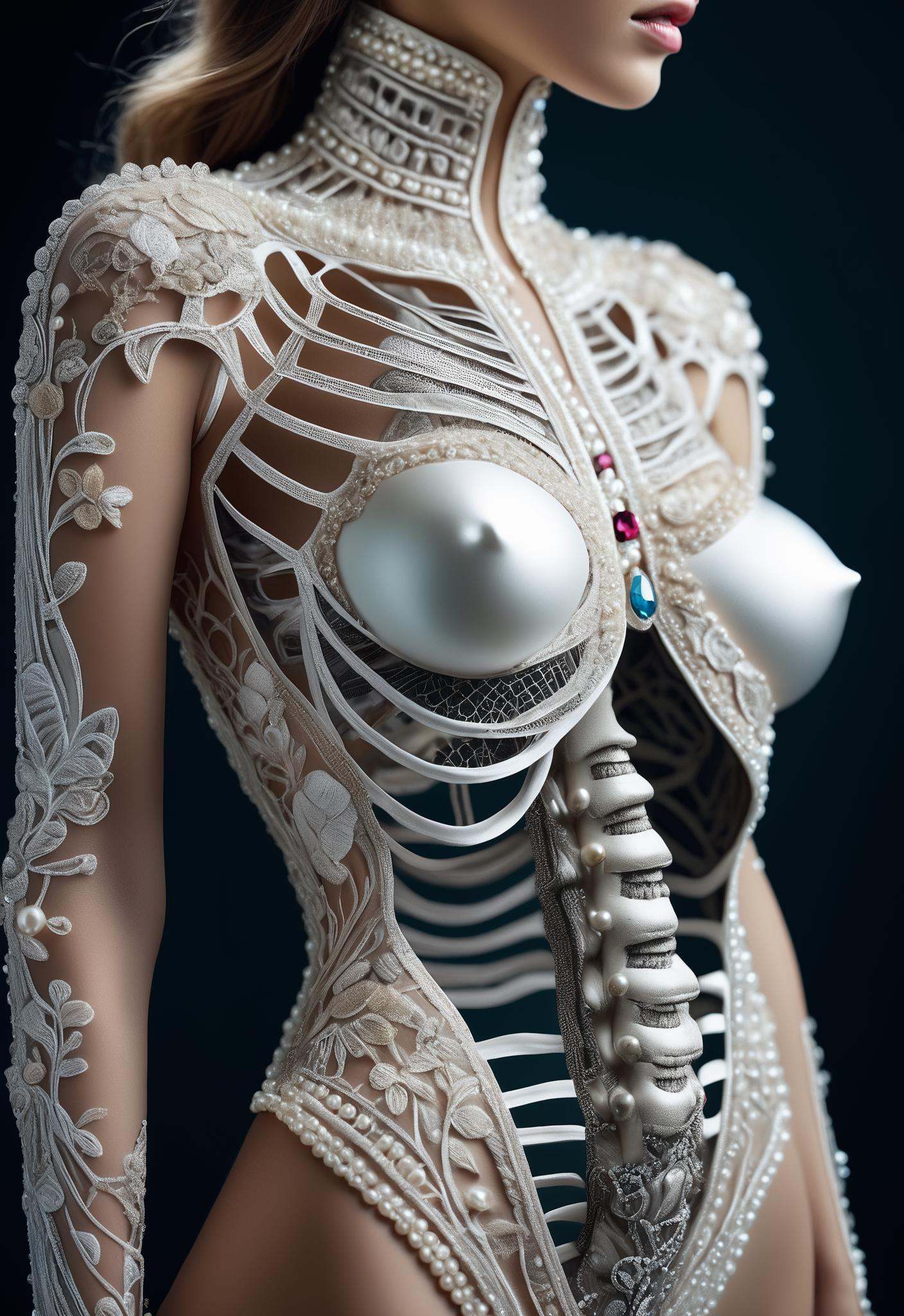 female model in beautiful anatomical embroidery of skeleton torso,  fashion concept,  highly detailed on Tensor.Art