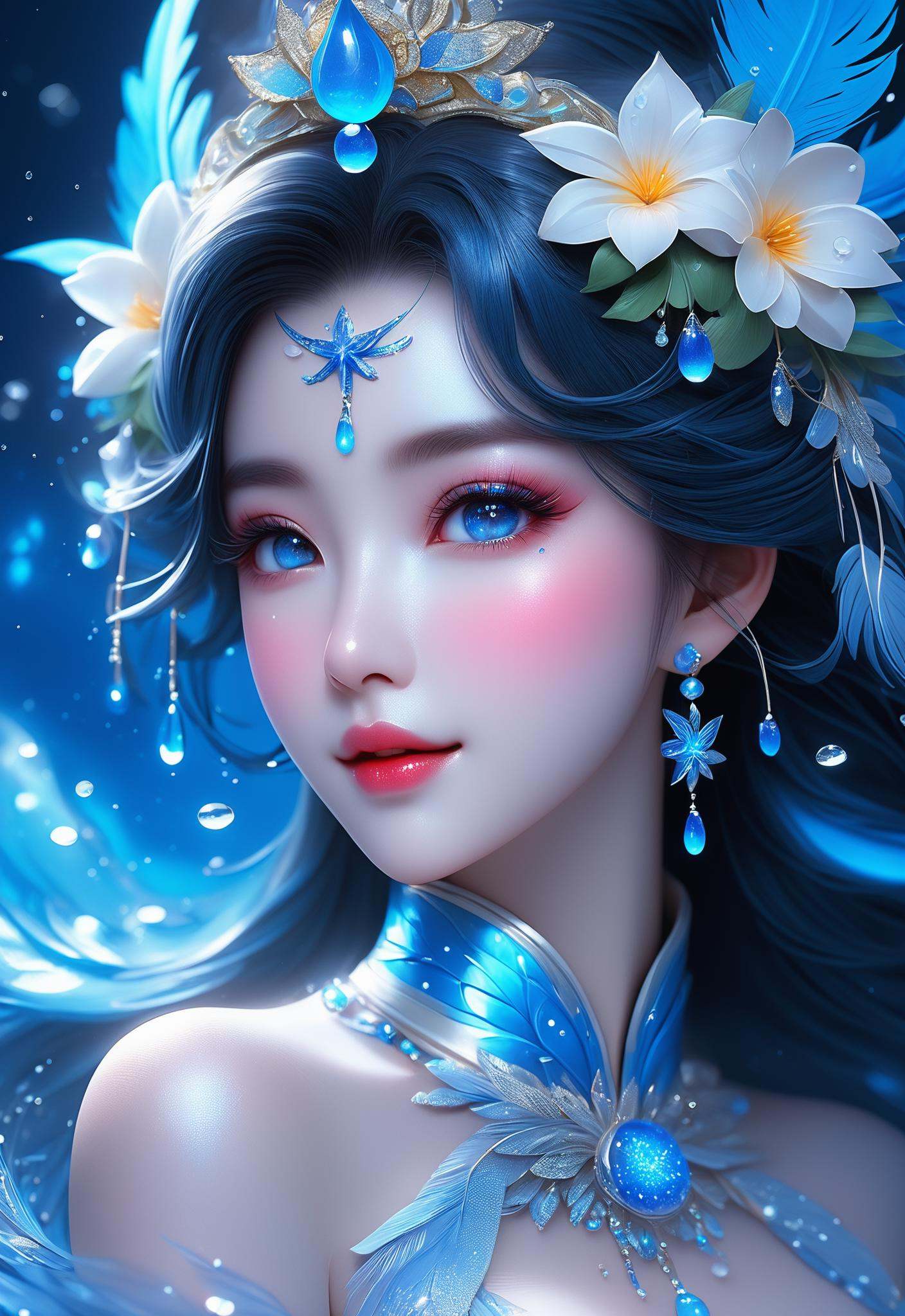 Girl with blue makeup and flowers,  star art troupe (star) style,  luminous dream scene on Tensor.Art